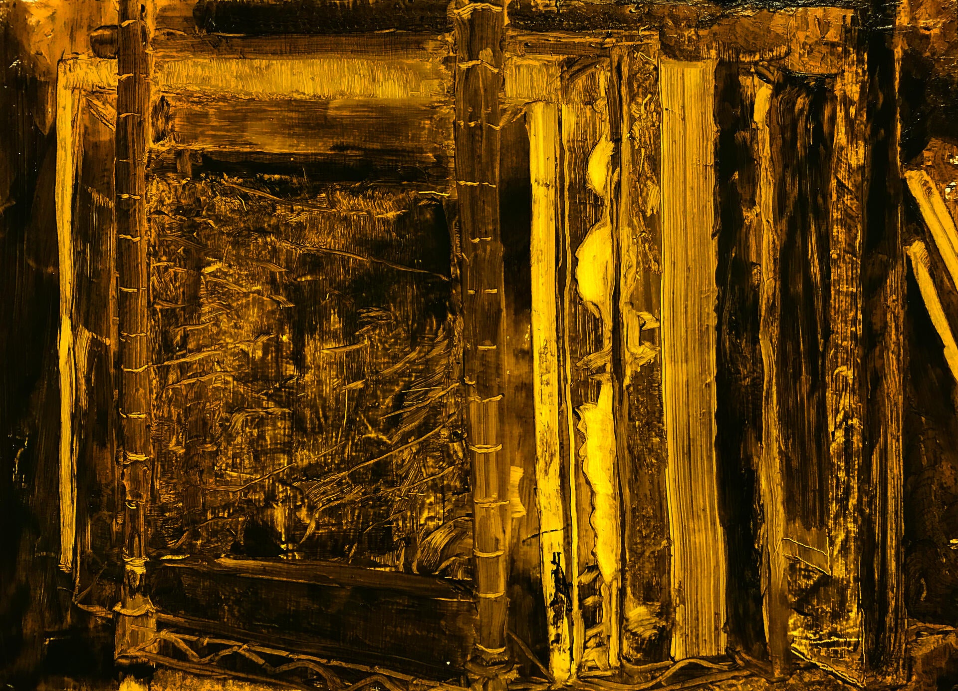yellow-green monochromatic painting of paintings on a shelf