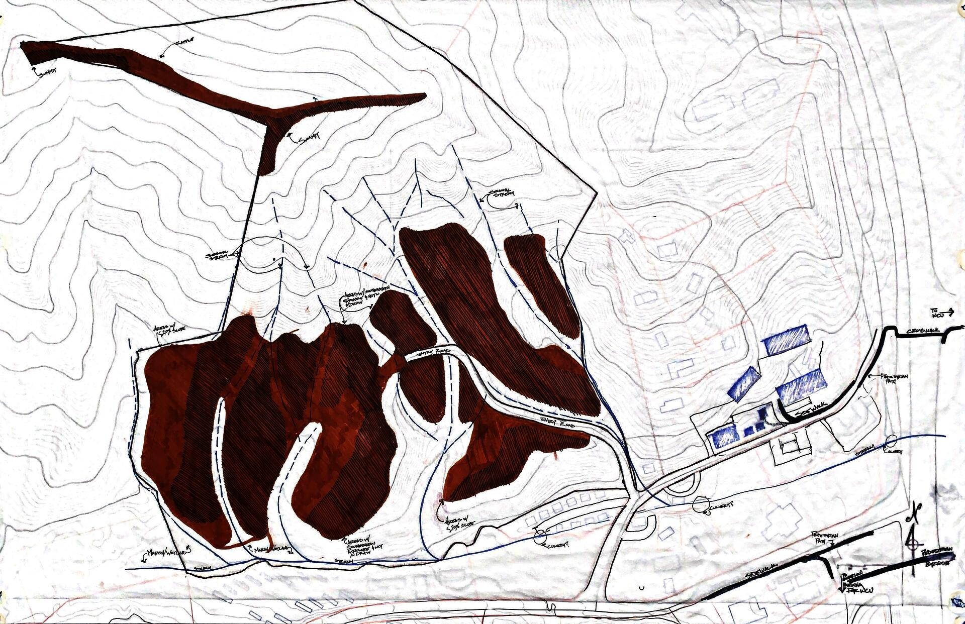 Consistent with Cherokee siting techniques, ground with southeast sun exposure determined locations for building. Current technology allows building on topography up to 20% slope.