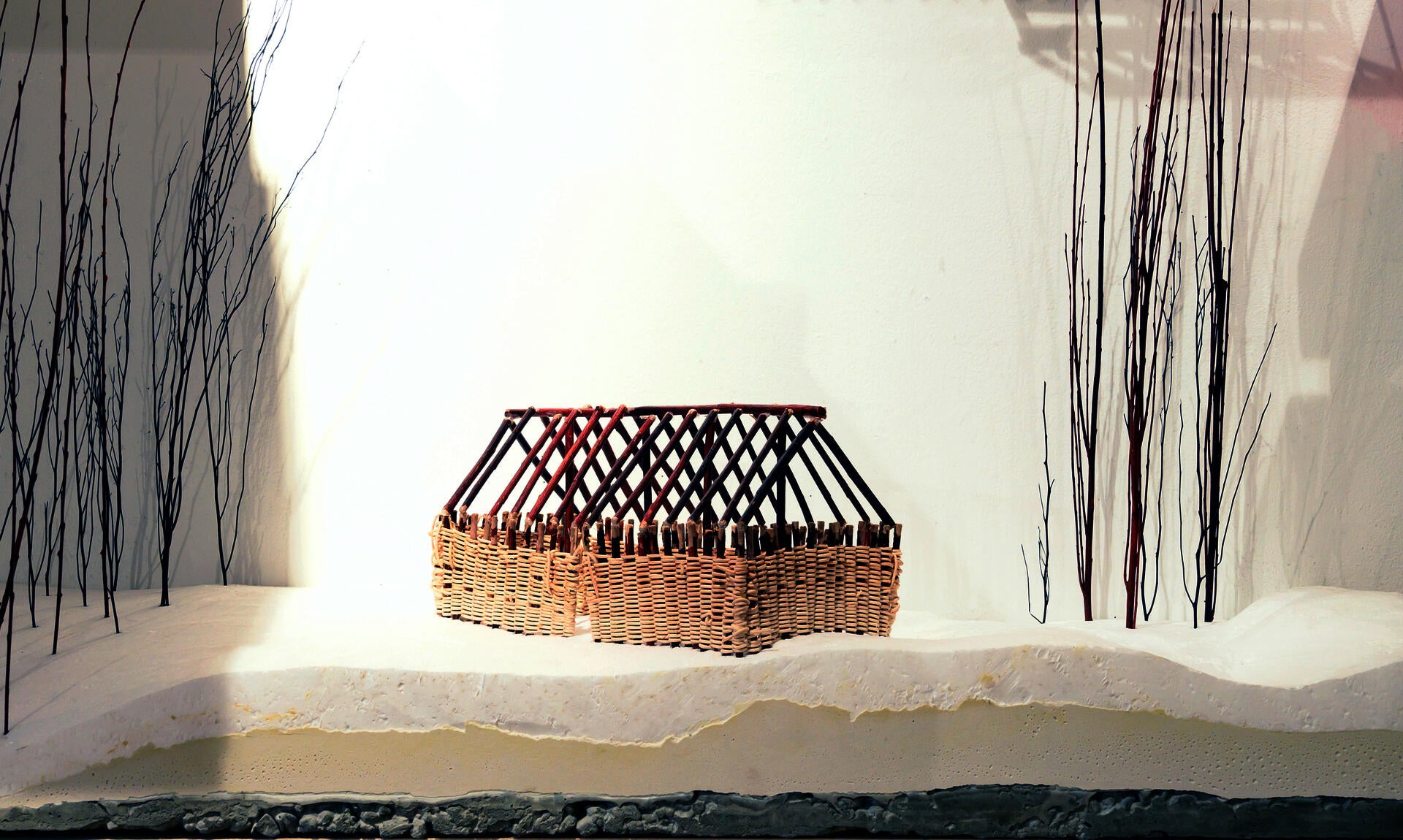 Thesis Probe, v1. Physical model of waddle and timber structure in the Cherokee Summer House on a geological/topographical section.