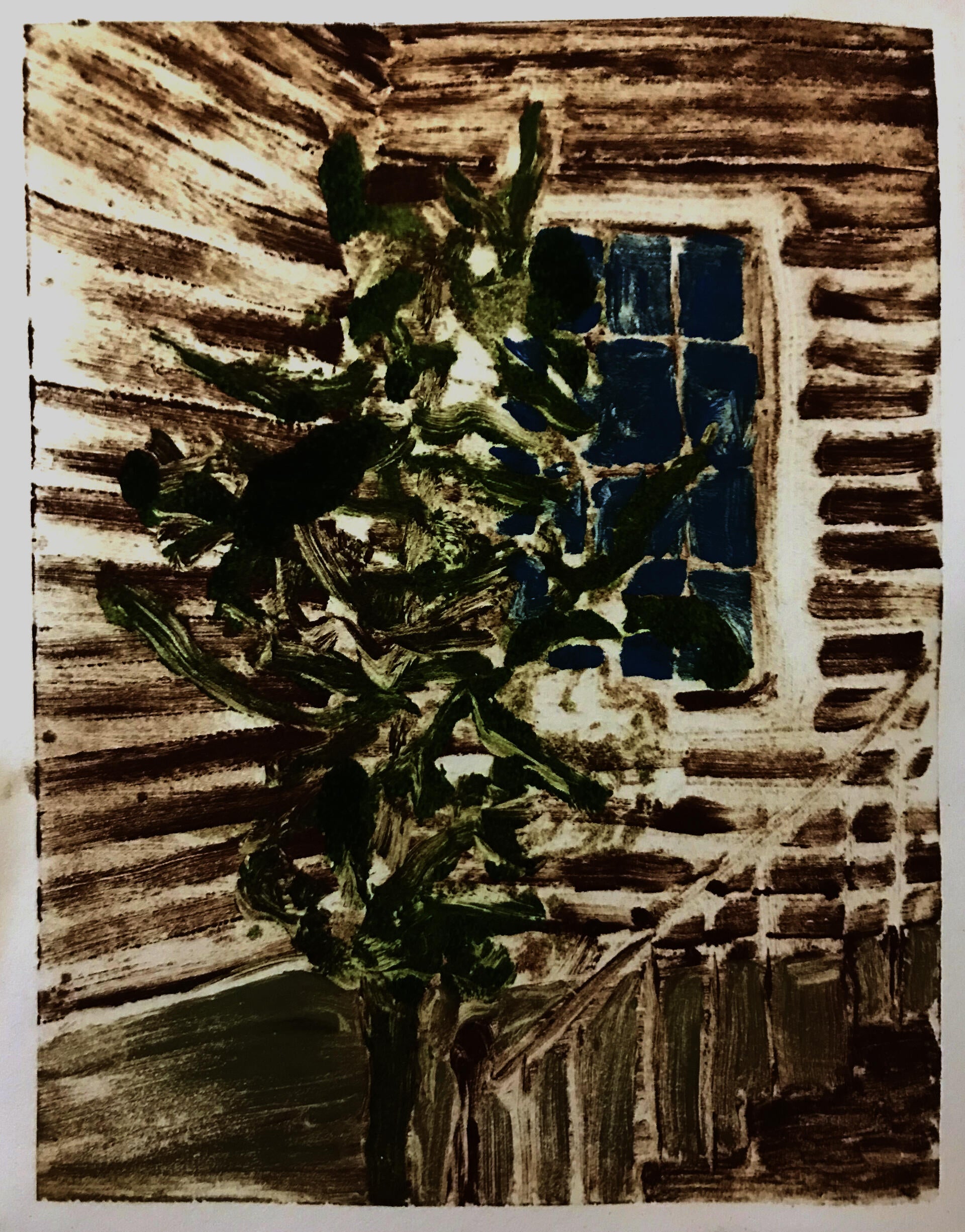 small print of a backyard with a tree, a window, and porch stairs