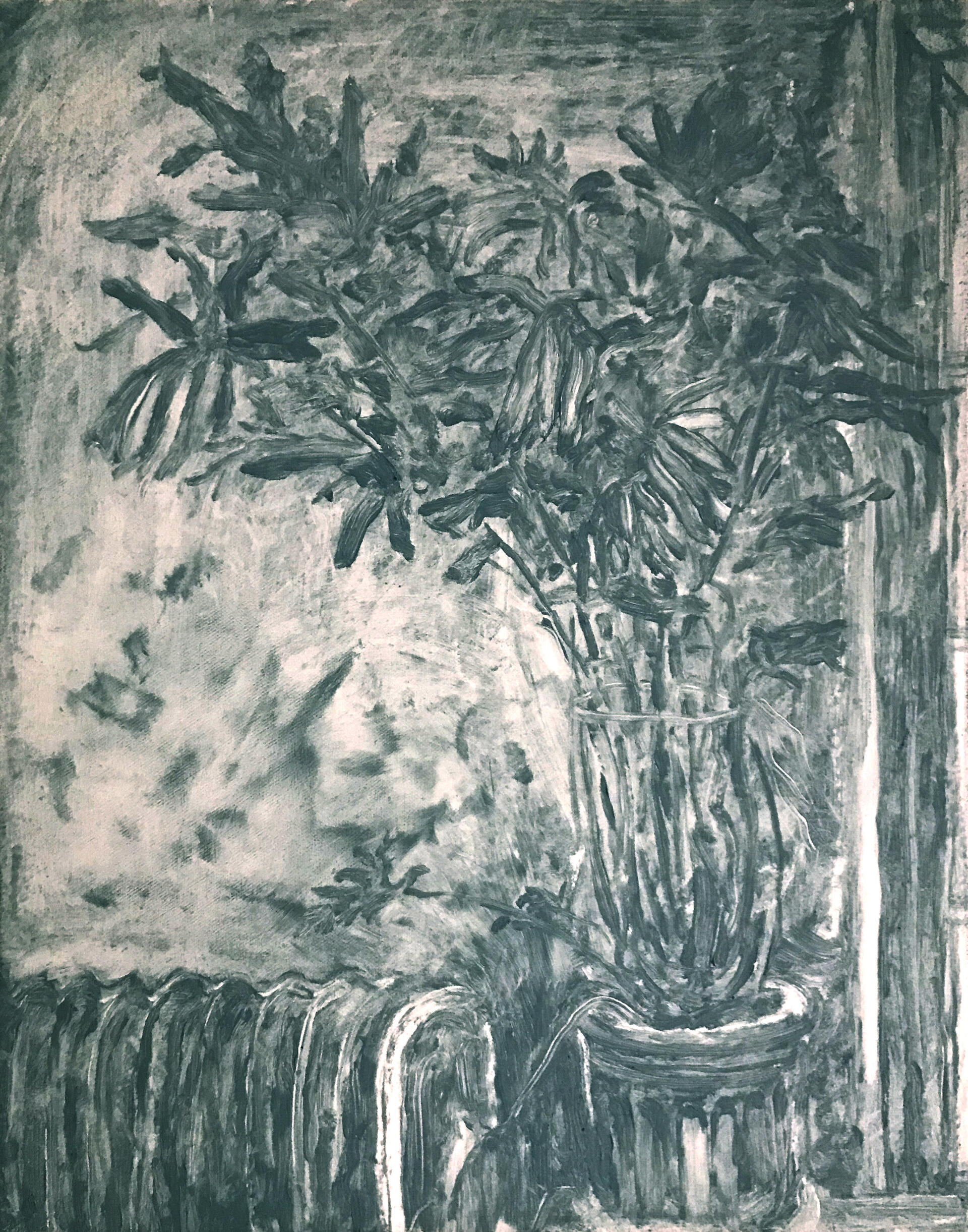 a monochromatic painting of a philodendron plant