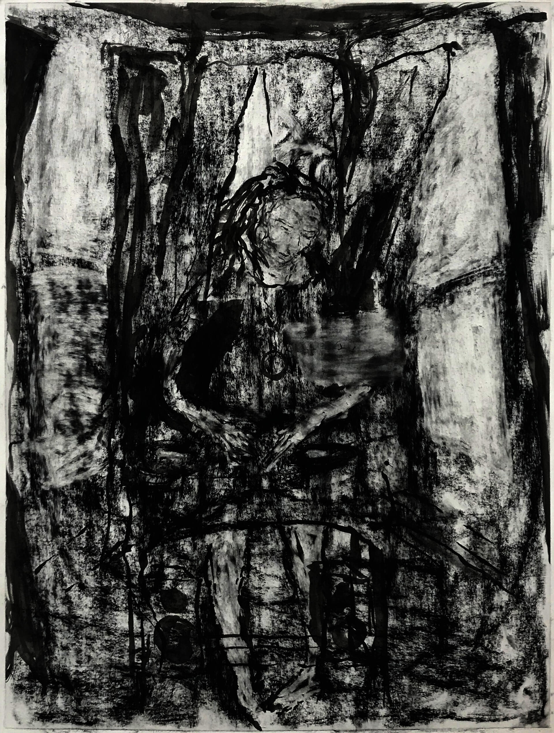 a large charcoal drawing a of a person in a dress DJing in a living room