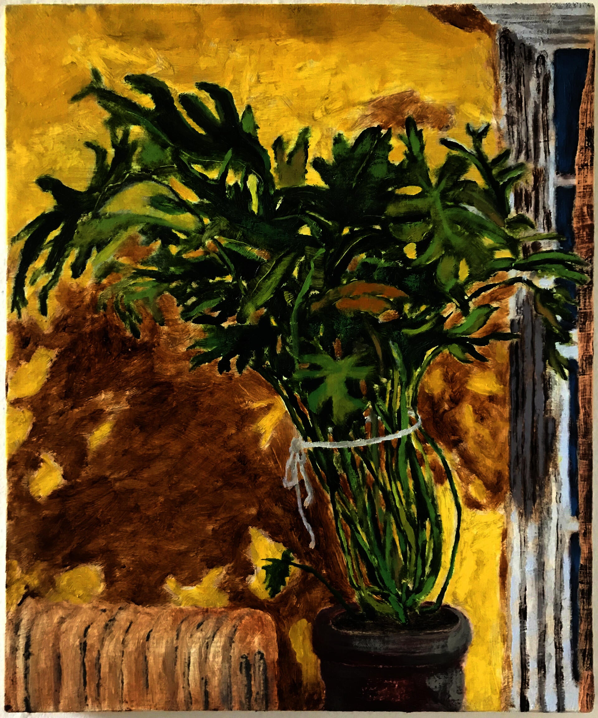 painting of a large green philodendron with a yellow background