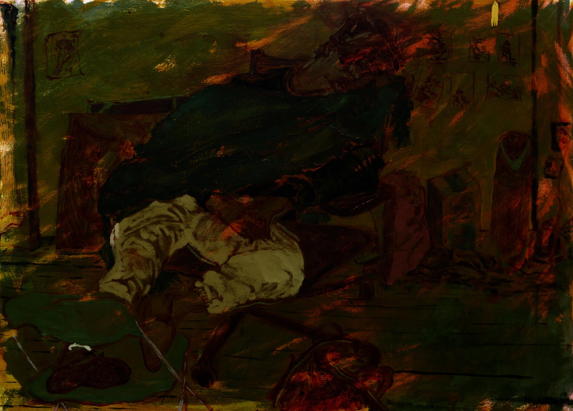 a green and orange ground, a person sleeping draped across two chairs