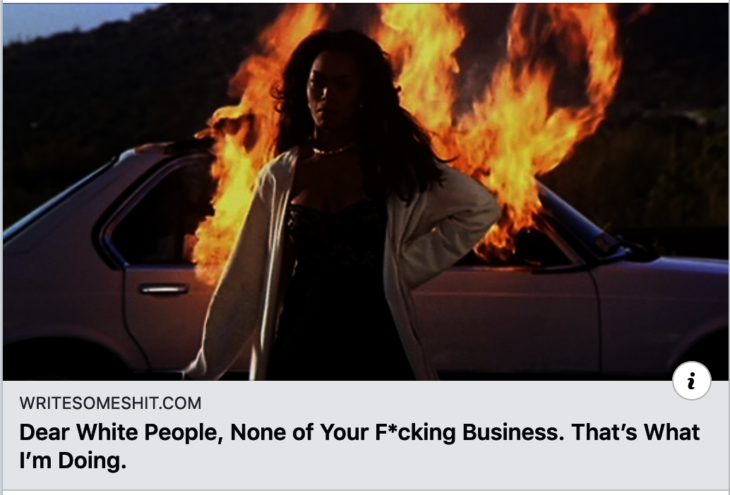website header, Black woman standing defiantly in front of a burning car