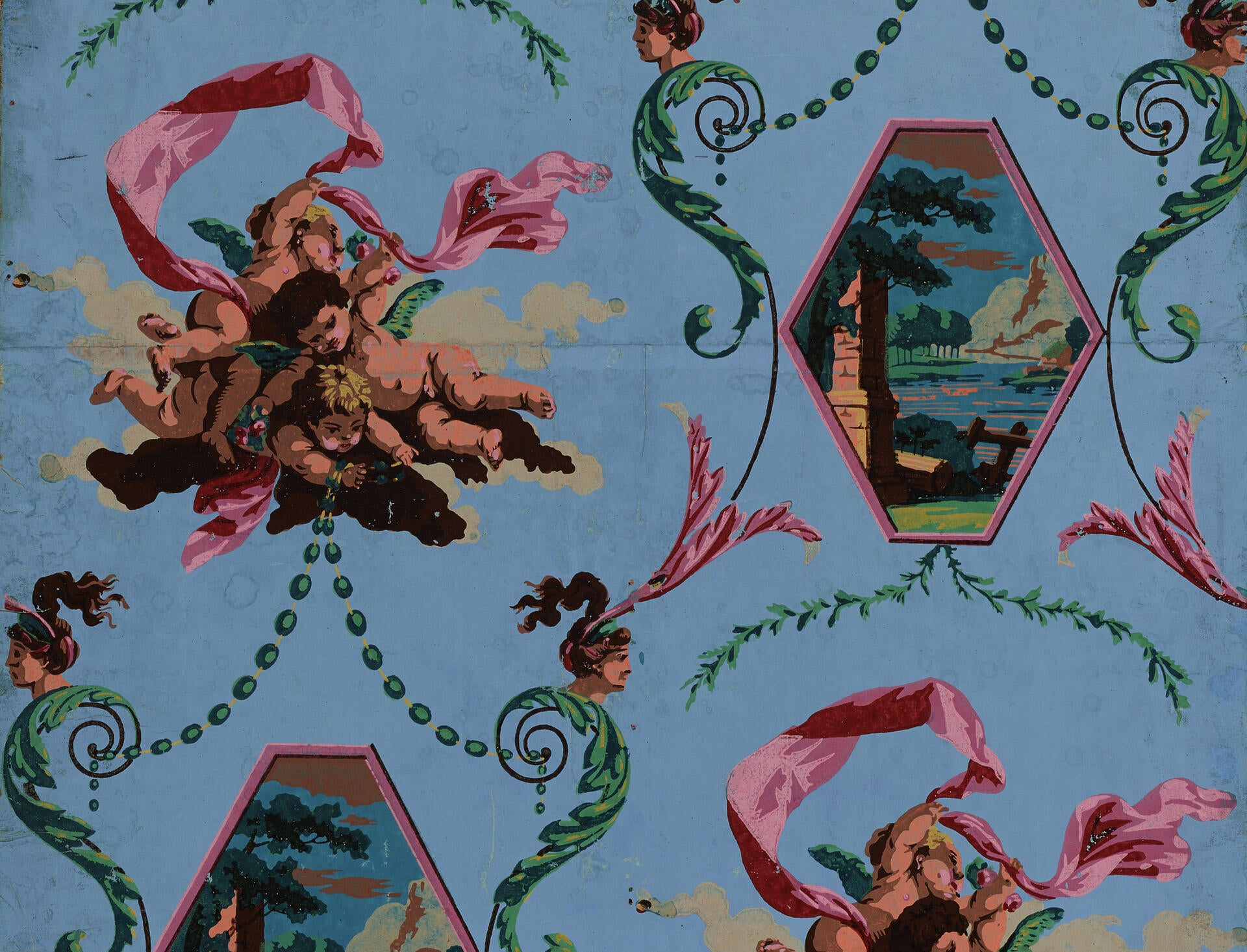 Detail of a woodblock-printed French wallpaper