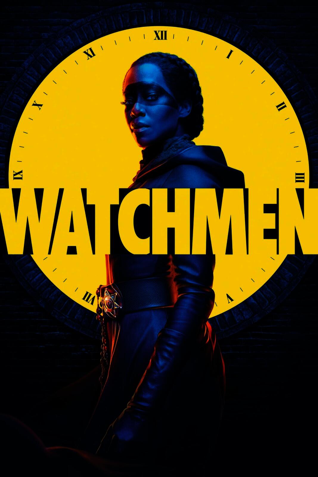 Poster for Watchmen; A Black woman superhero, lit in blue and red, stands in front of a large yellow clock