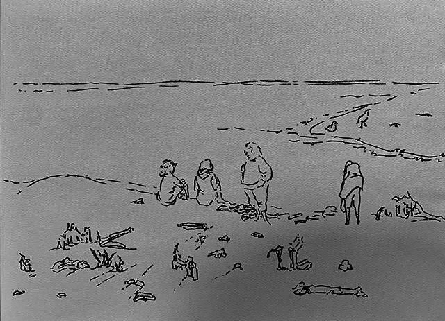 Ink line drawing of people at a seashore. Some are sitting, some standing. One looks down at the sand for seashells. Two sit looking out at the ocean.