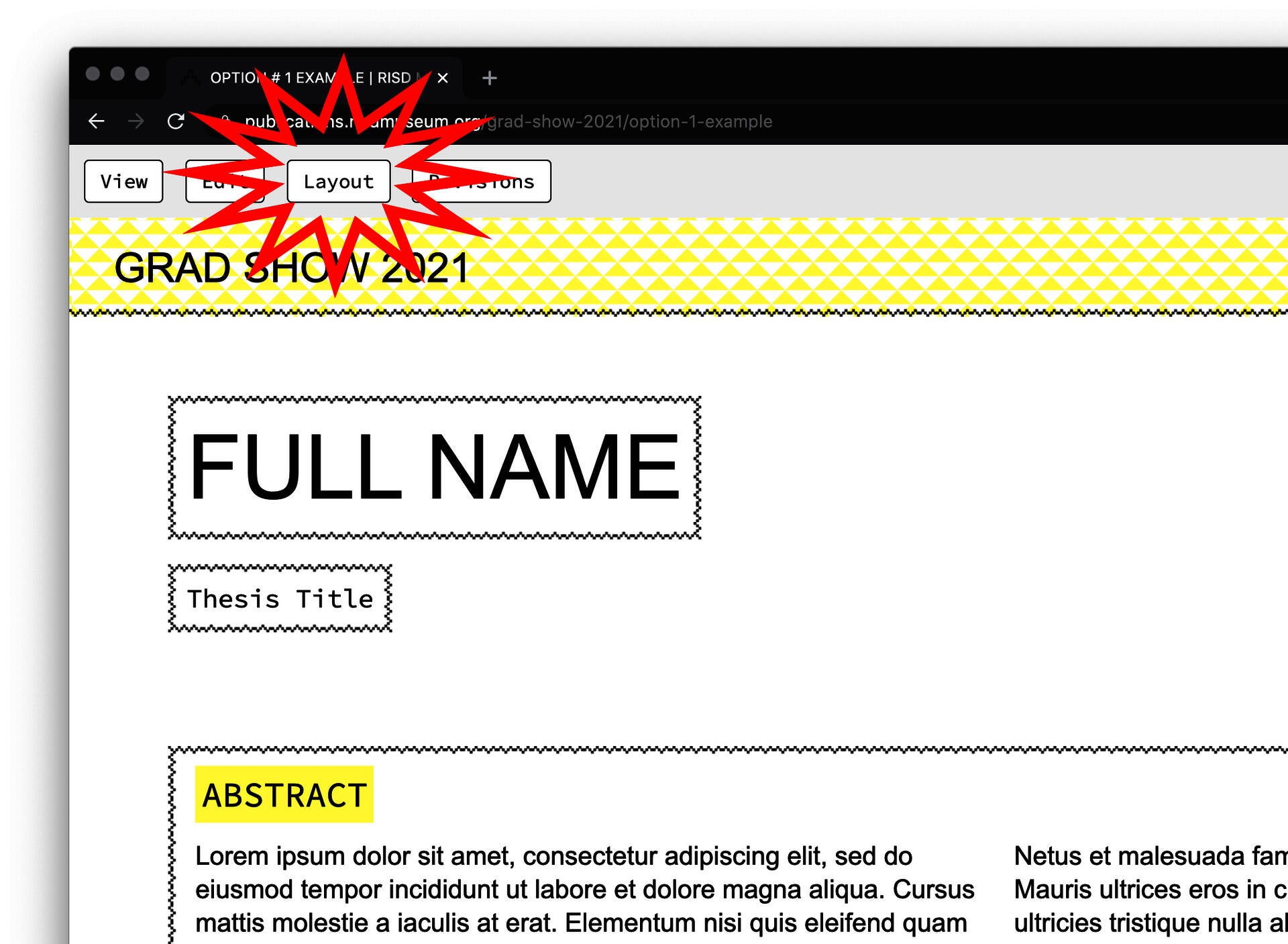 Screenshot of a web browser, indicating that you should click on the Layout Button