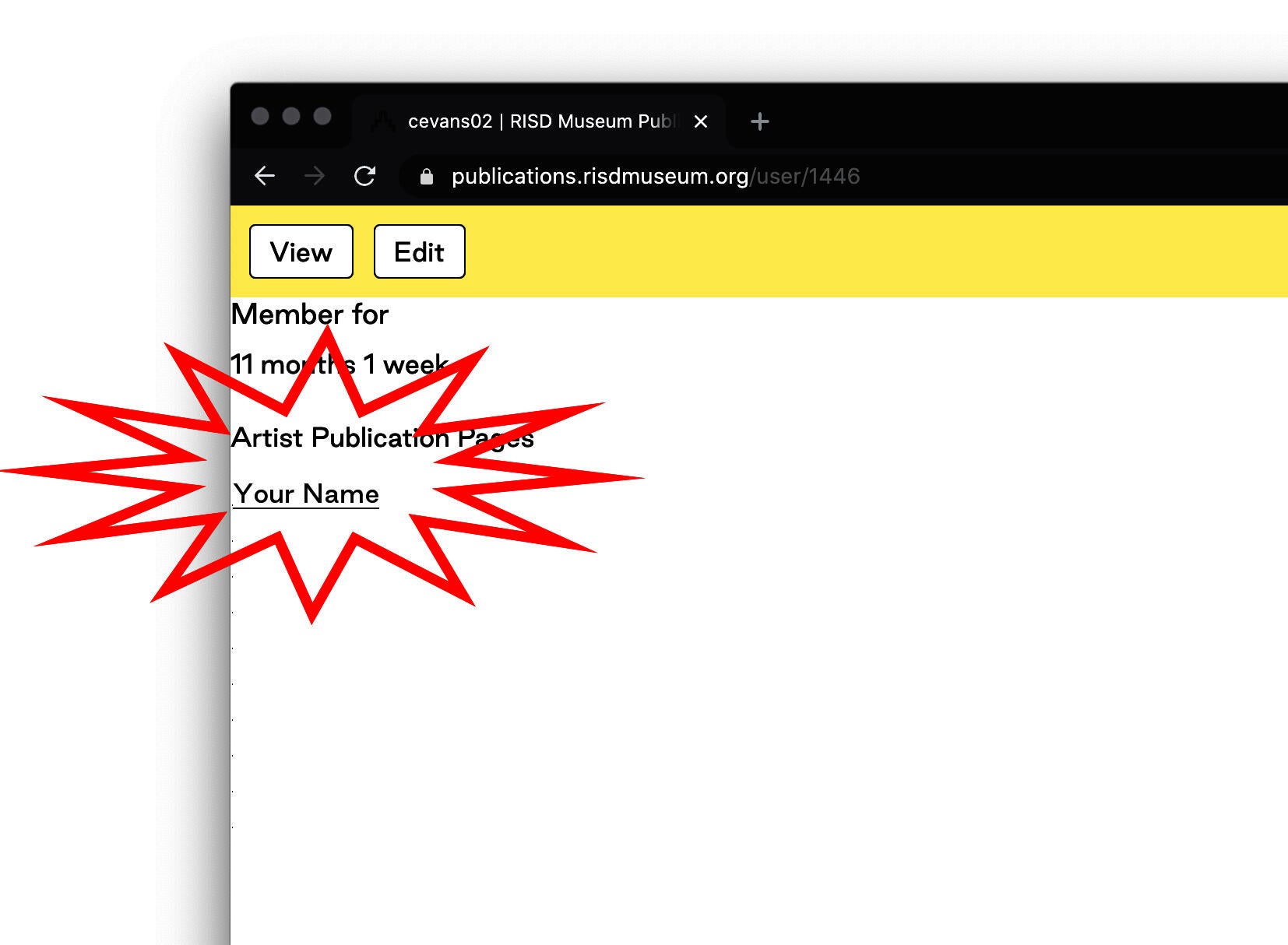 Screenshot of a web browser, indicating that you should click on the link that says your name