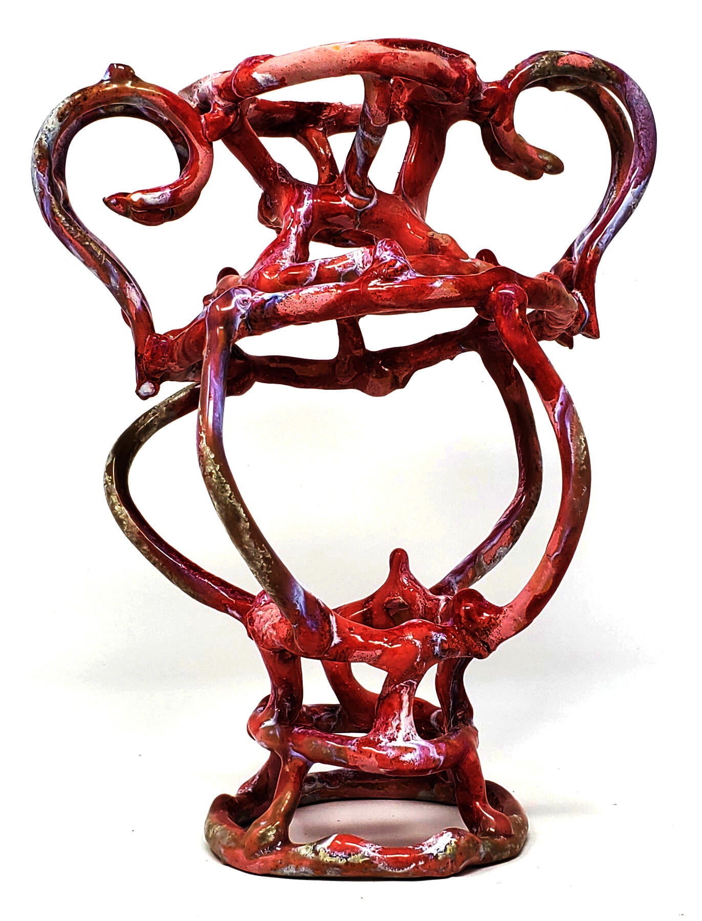 A classical 3d amphora shape made from coils of clay that used like linework in a drawing. 