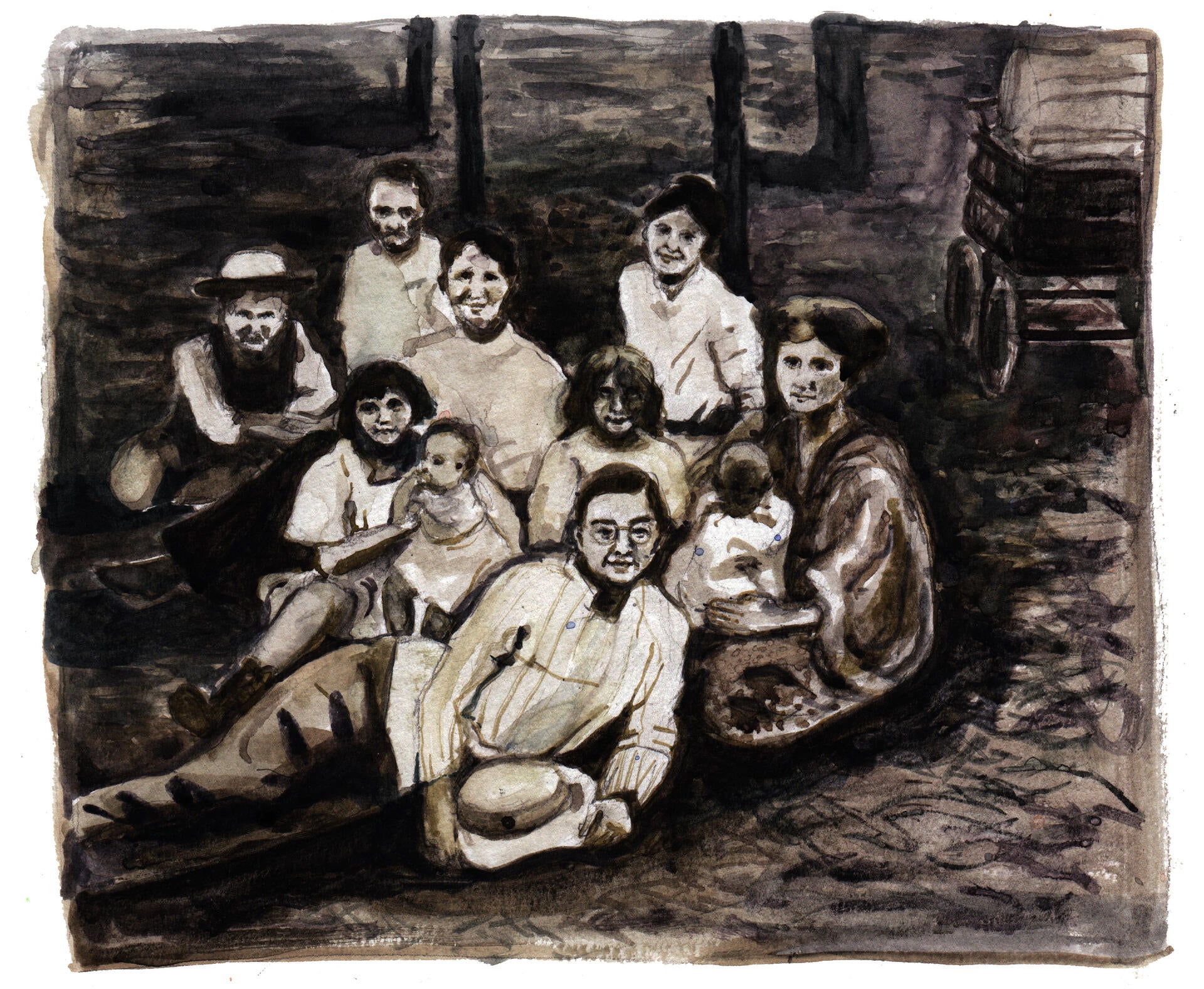 A painting of a family photograph of the Cohen family in 1909