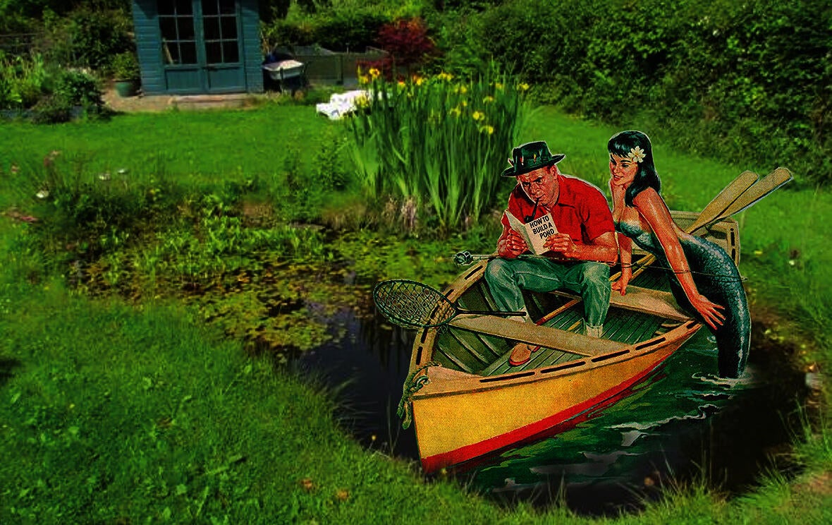 Collage of a pond with a man in a boat with a mermaid.