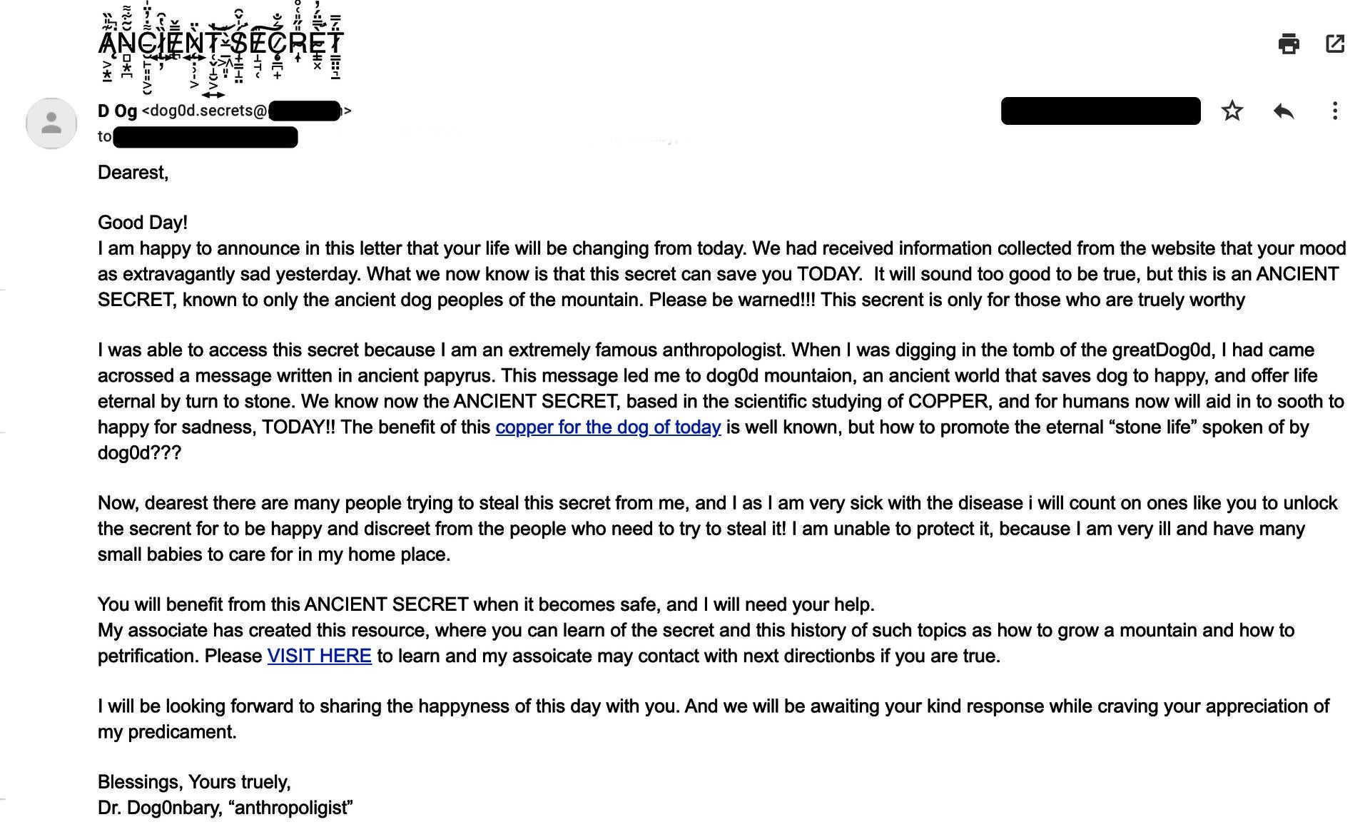 screenshot of spam email