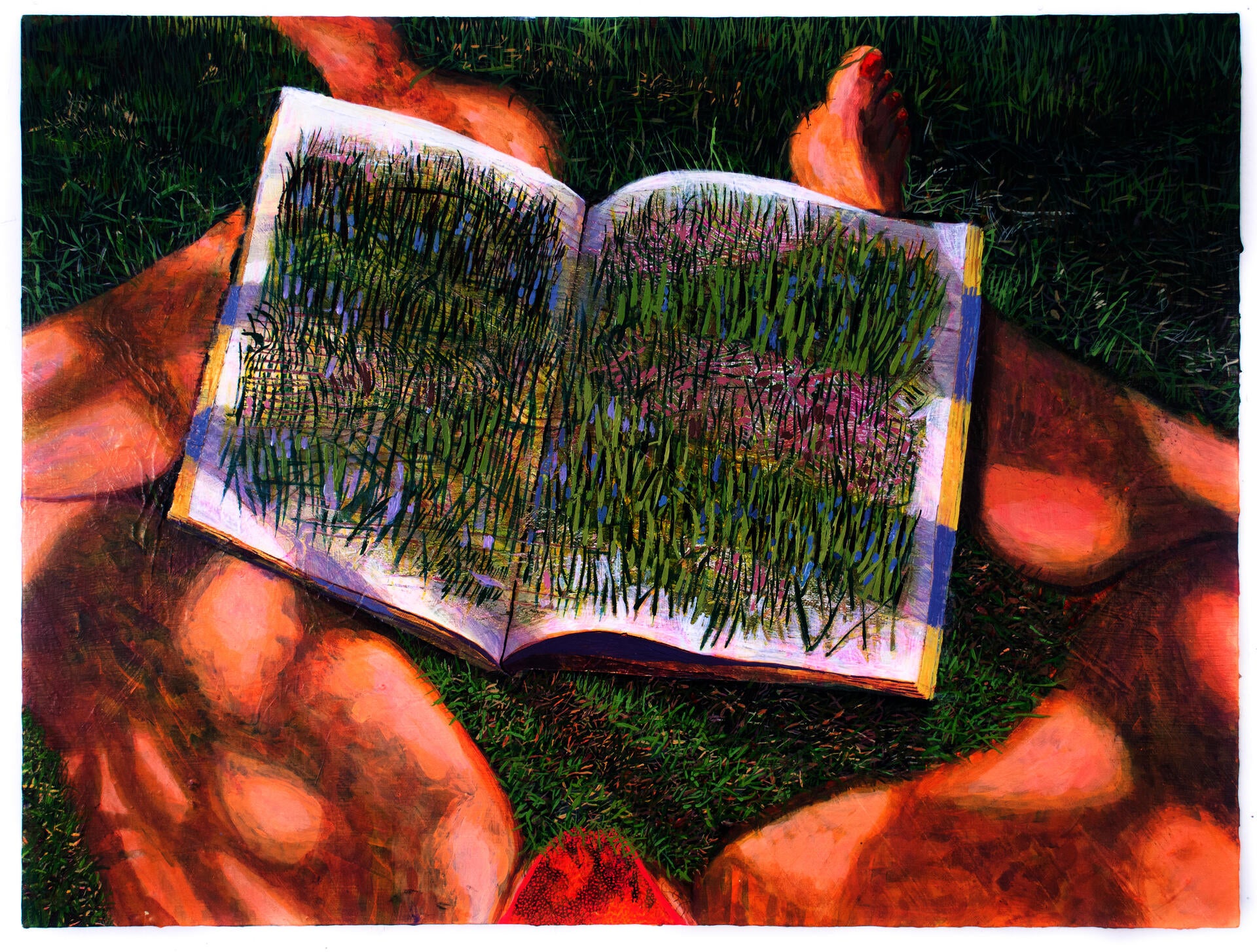 A painting of a first person perspective of a woman's bare legs sitting in the grass looking at a book that illustrates a grass drawing.