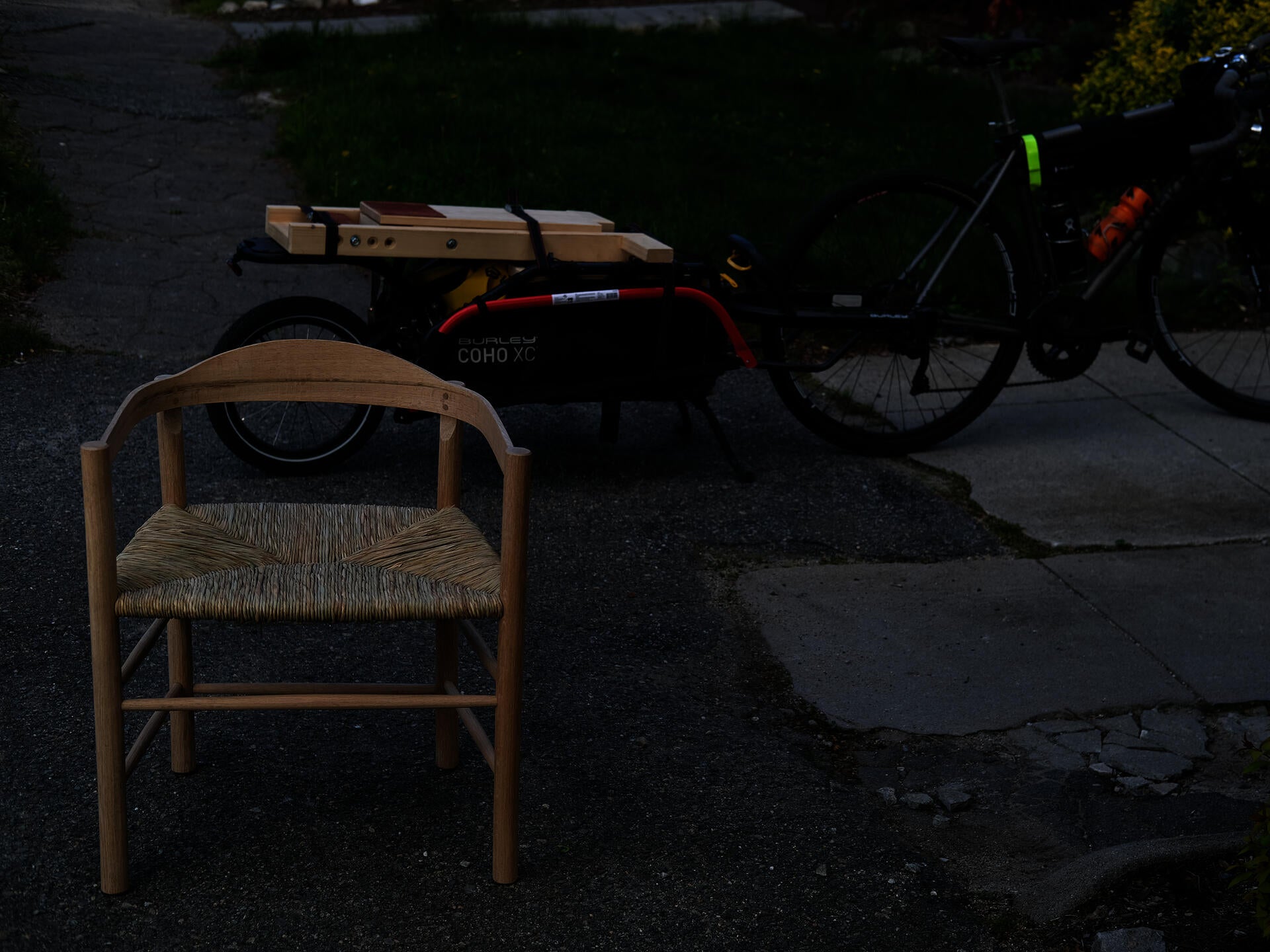 Photo of the completed Counting Calories chair in front of the Manual Mobile Log Processing Unit all packed up.