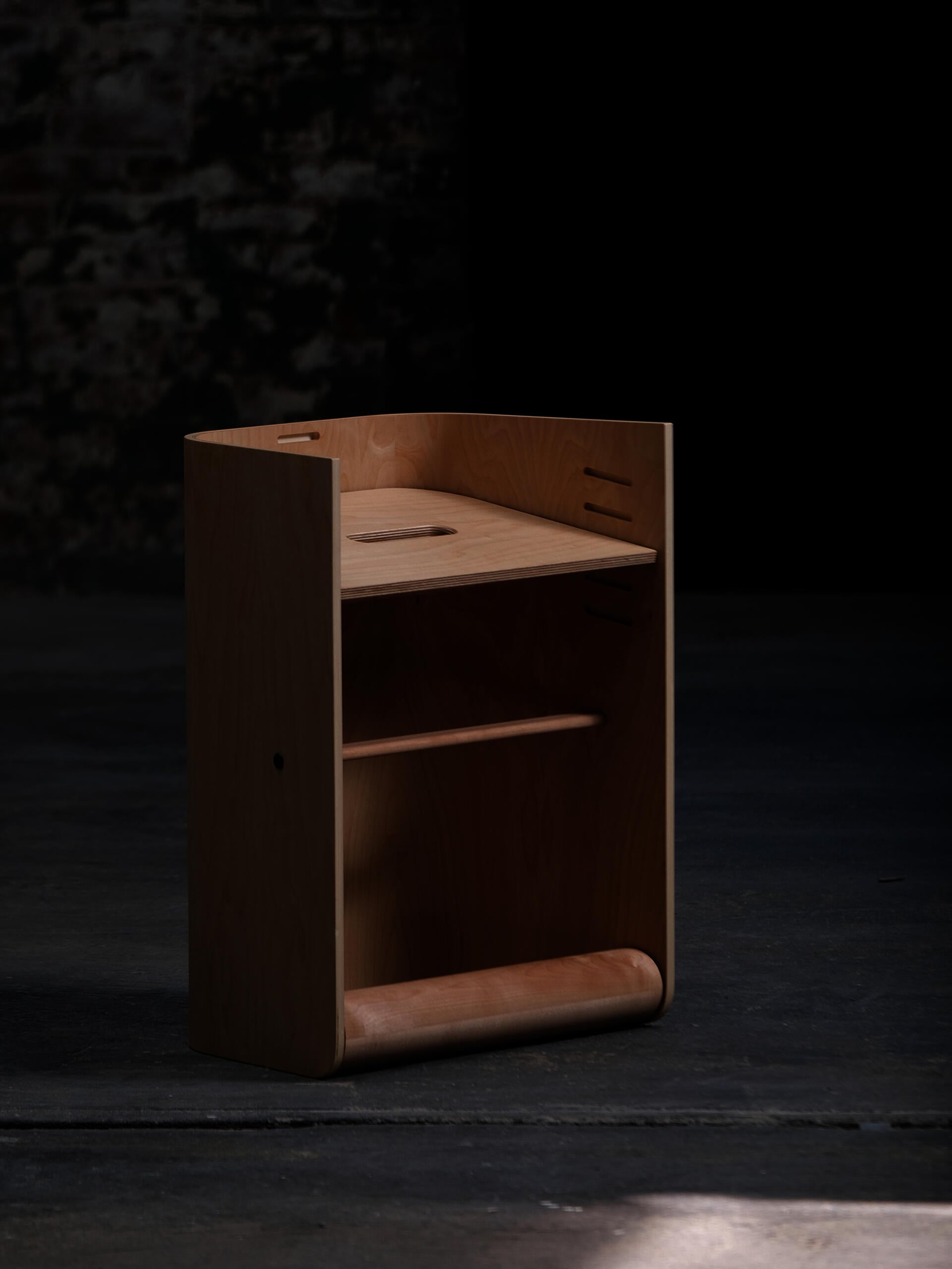 Image of The Next One, an ergonomic, multi modal seat made from bent plywood and Birch. 