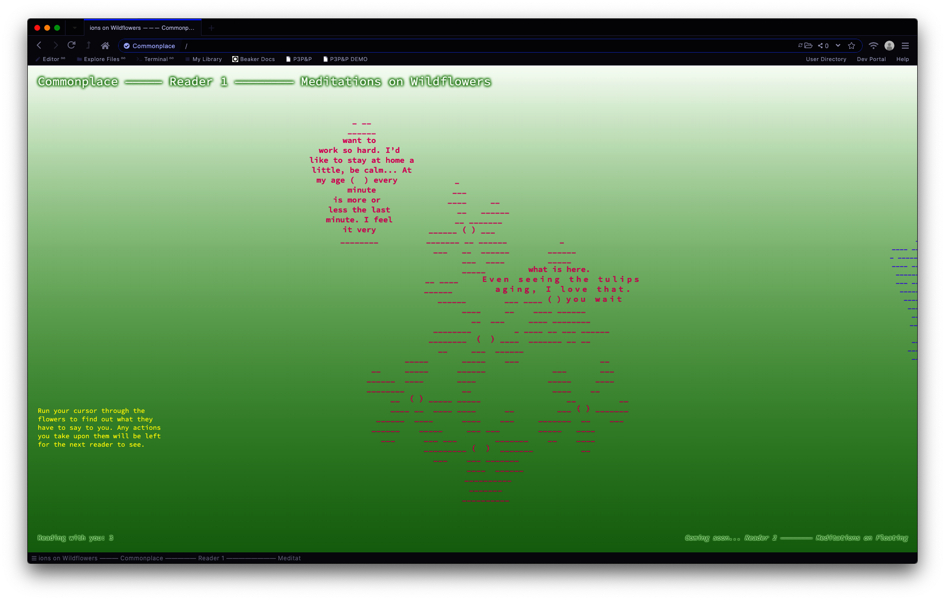 Hovering over the ASCII flowers reveals text
