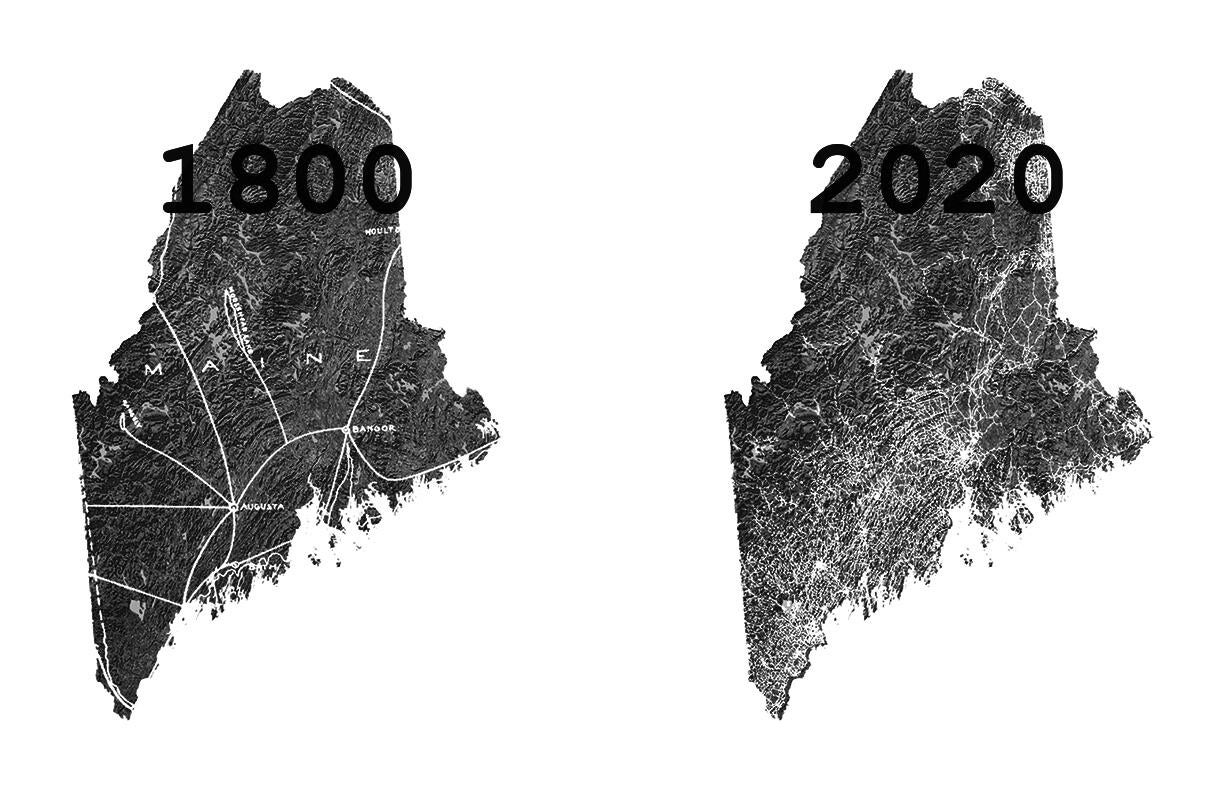 A map of road networks through the state of Maine over time.