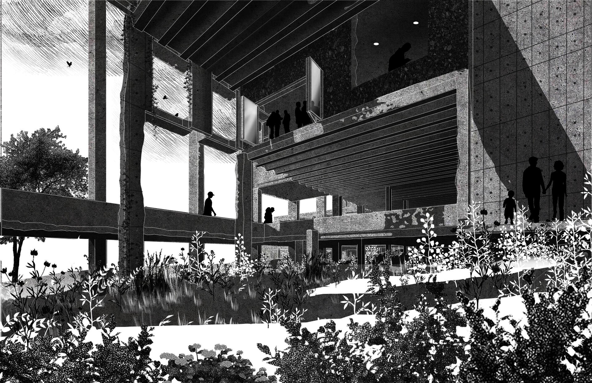 Squirrel's eye view of basement level looking towards elevated first floor path.