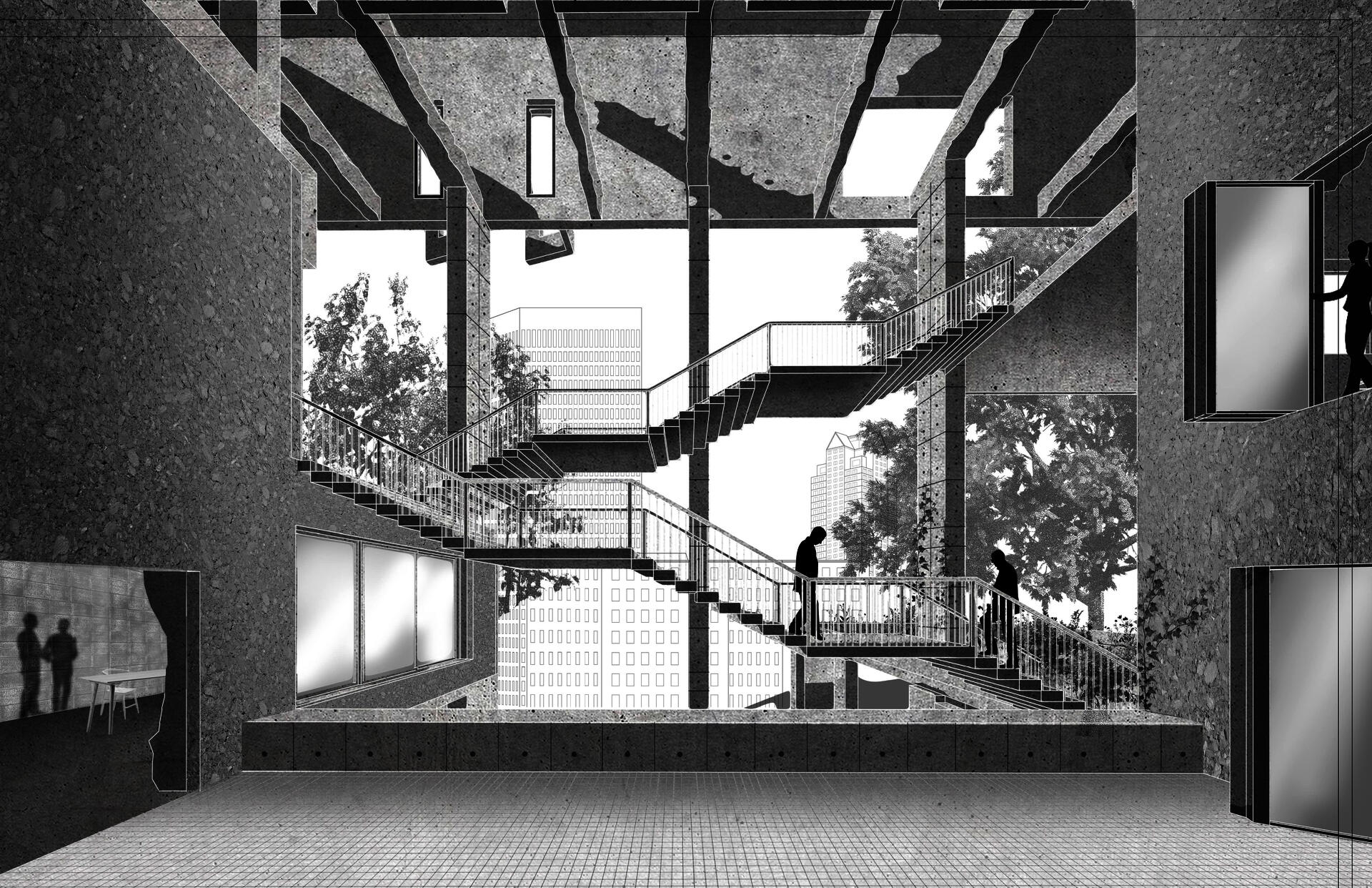 Existing balcony view towards city highlighting proposed circulation core.