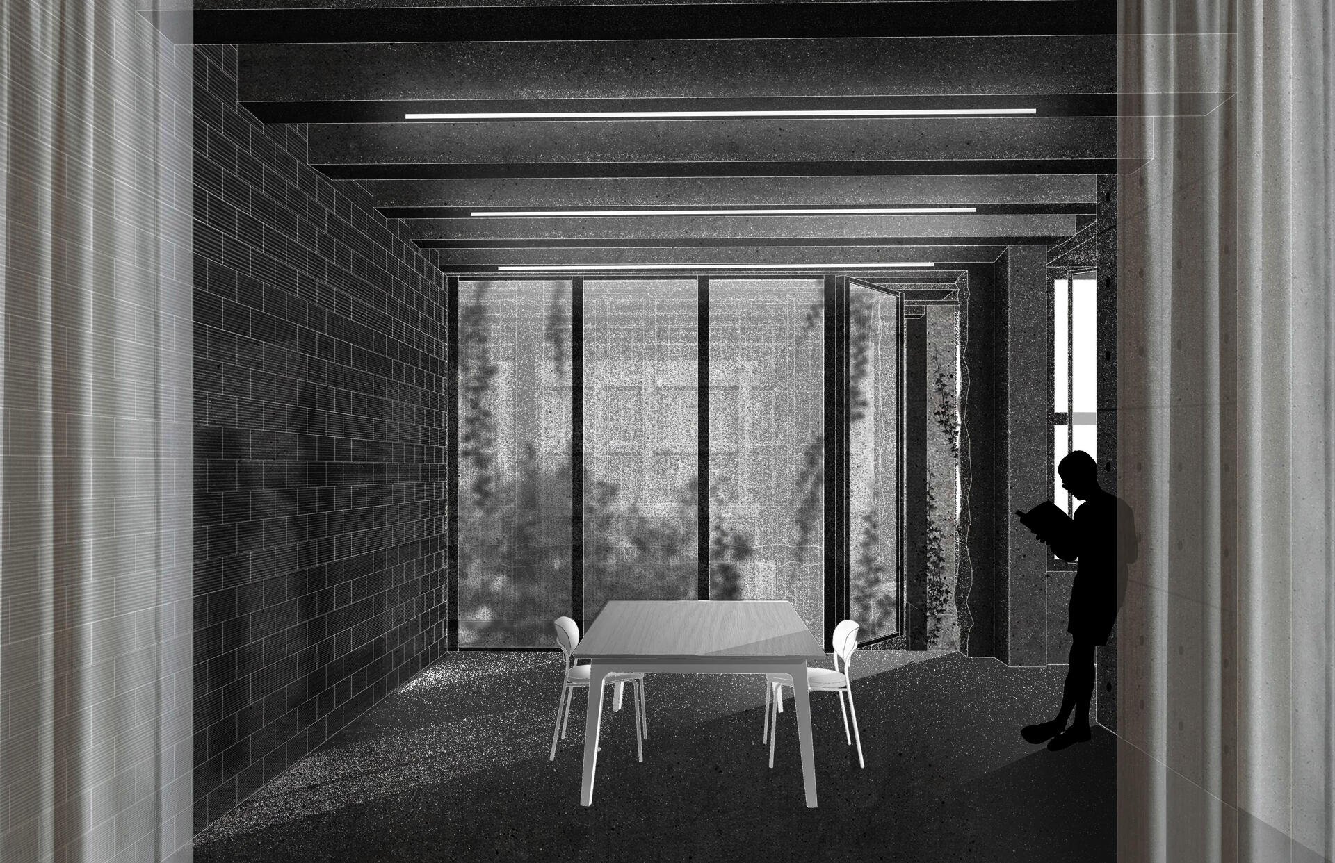 Perspective view of intimate interior space.