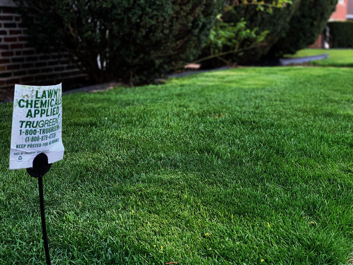 Lawn with a chemical label