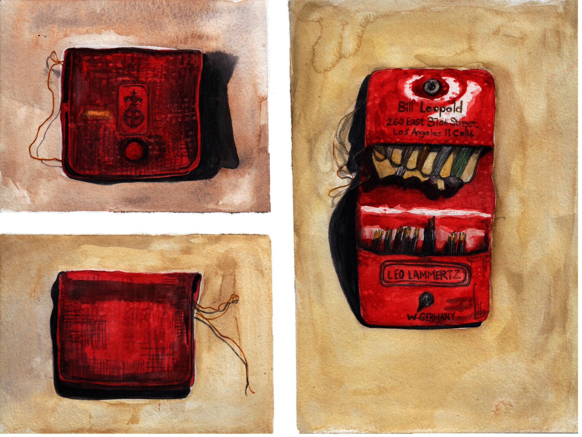 A red vinyl needle case with the writing Bill Leopold and an address in Los Angeles written on it