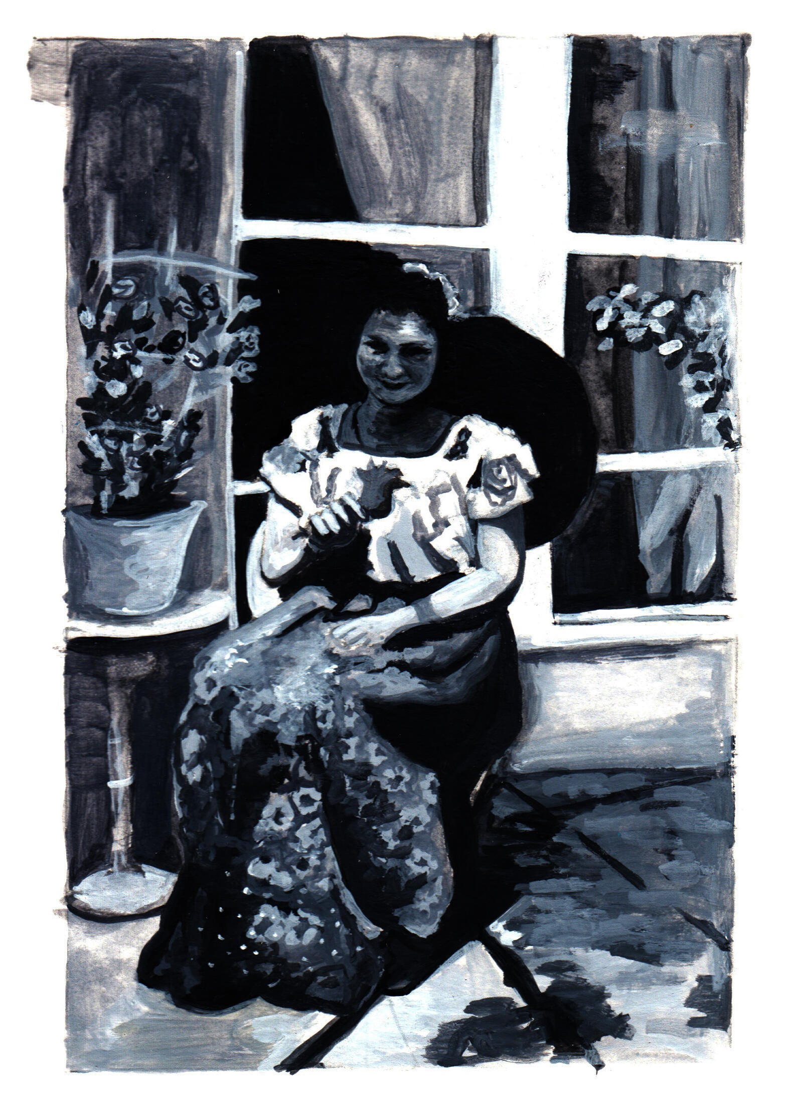 A black and white gouache painting of a woman sitting in a chair wearing a China Poblana outfit. My great grandmother. 