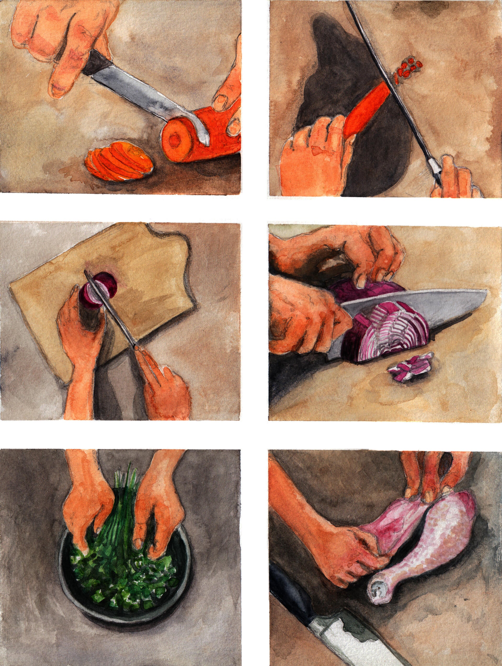 A grid of six images each of hands preparing vegetables or meat for chicken soup.