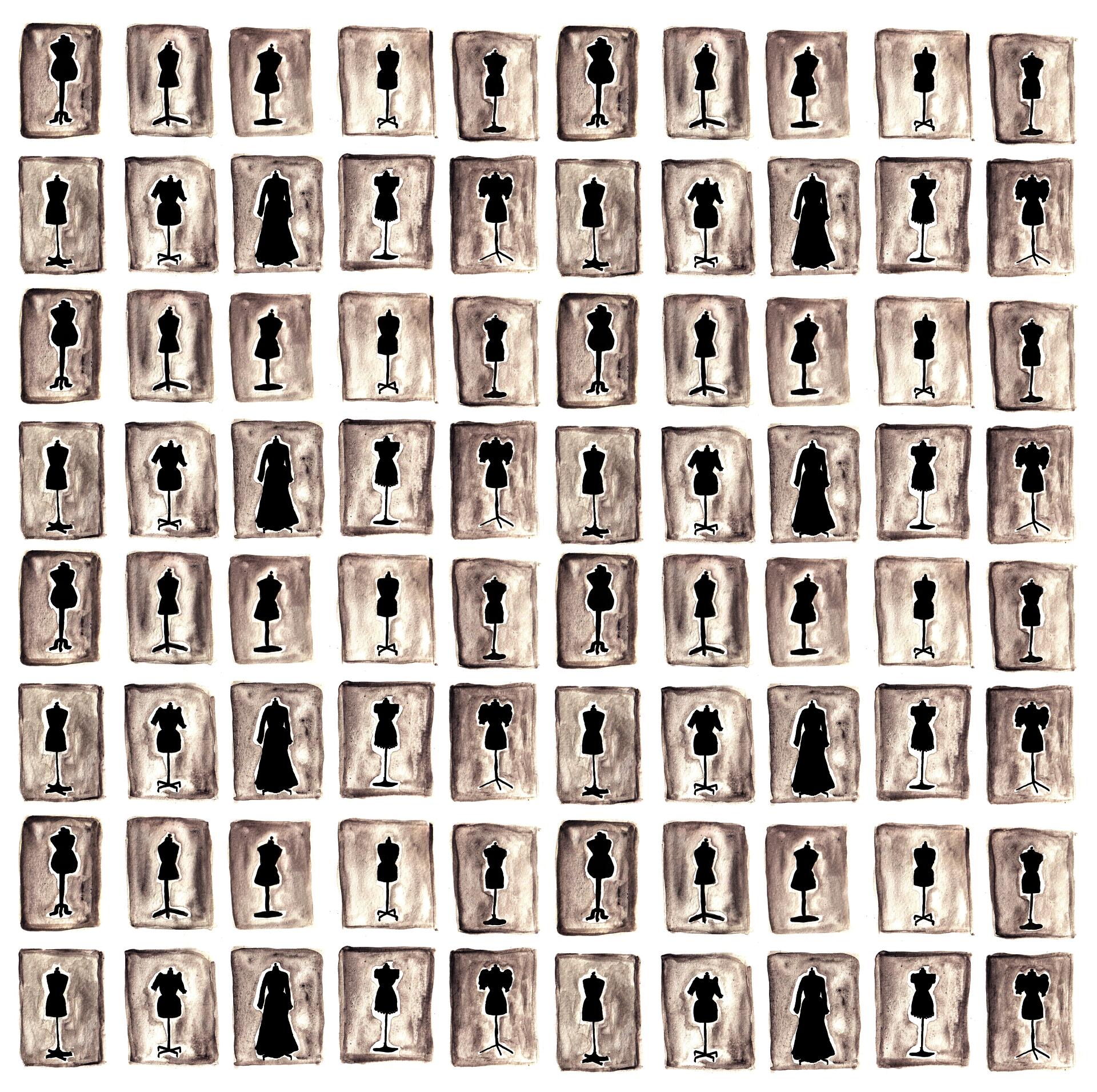 Silhouettes of different kinds of dresses on dress forms in a repeat pattern