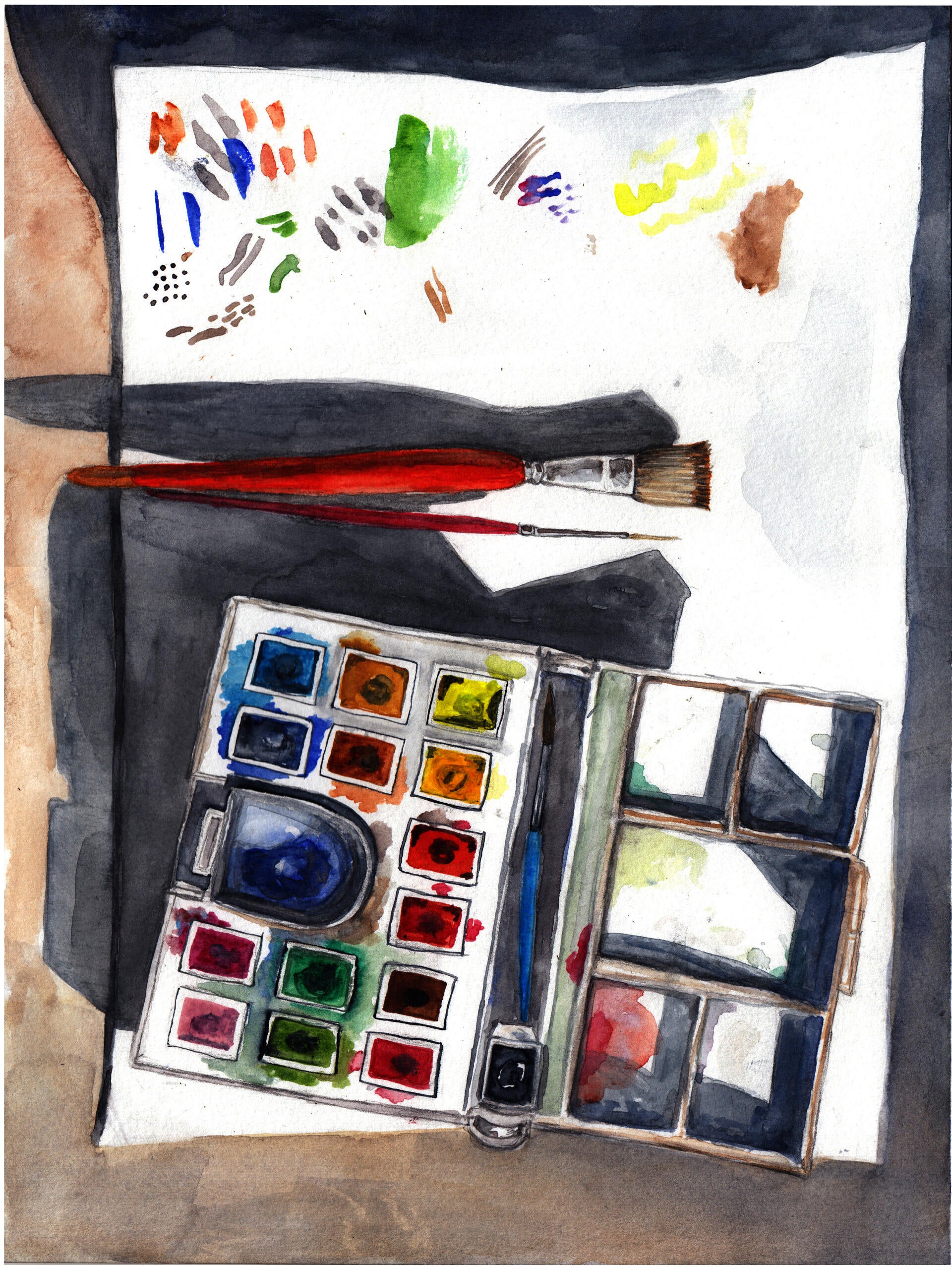 A watercolor painting of an open box of watercolor paints and some brushes on top of a white piece of paper with some paint marks on it