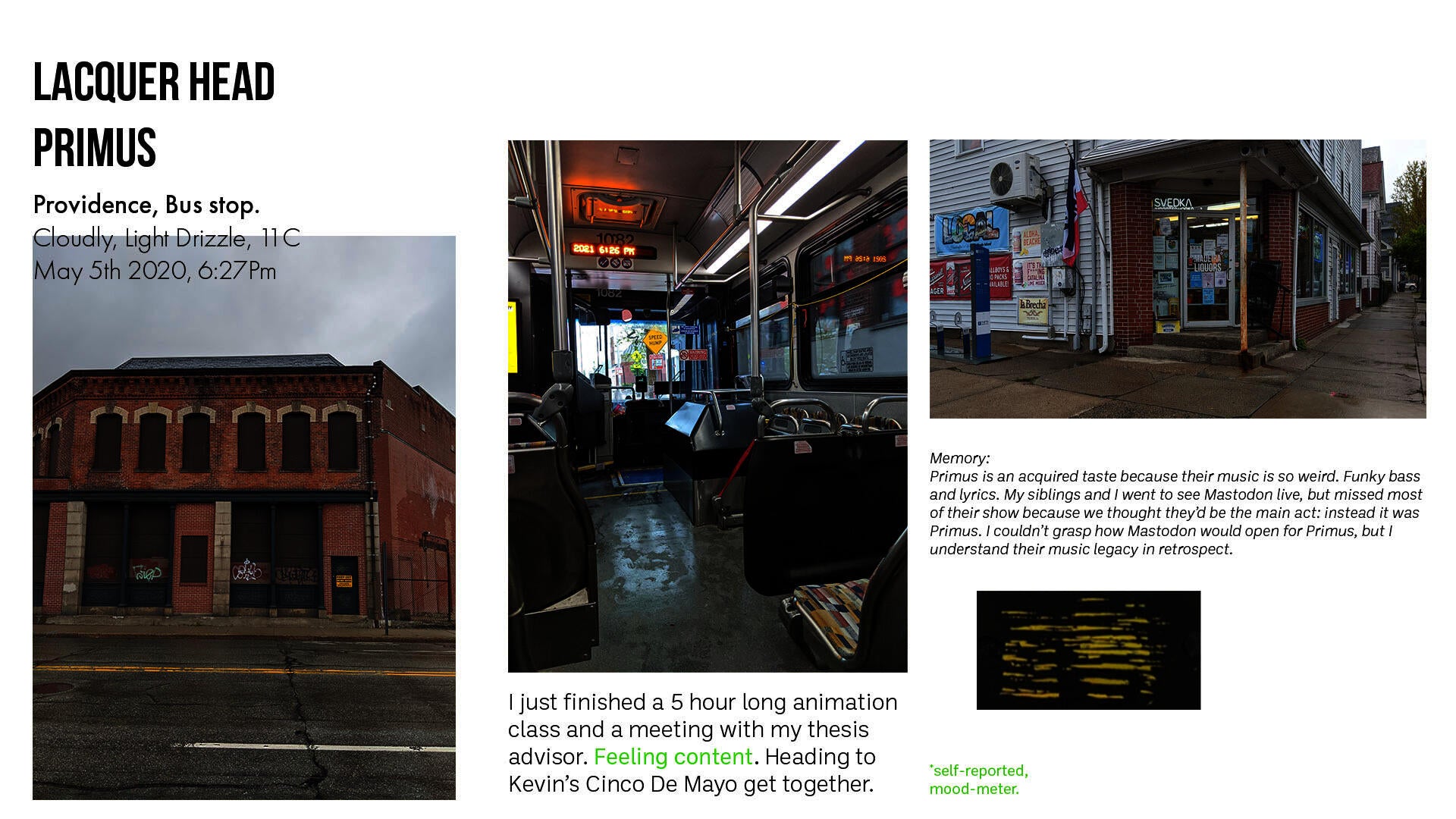 A collage of photographs, text entries for weather, location, song name and memories associated with it etc...