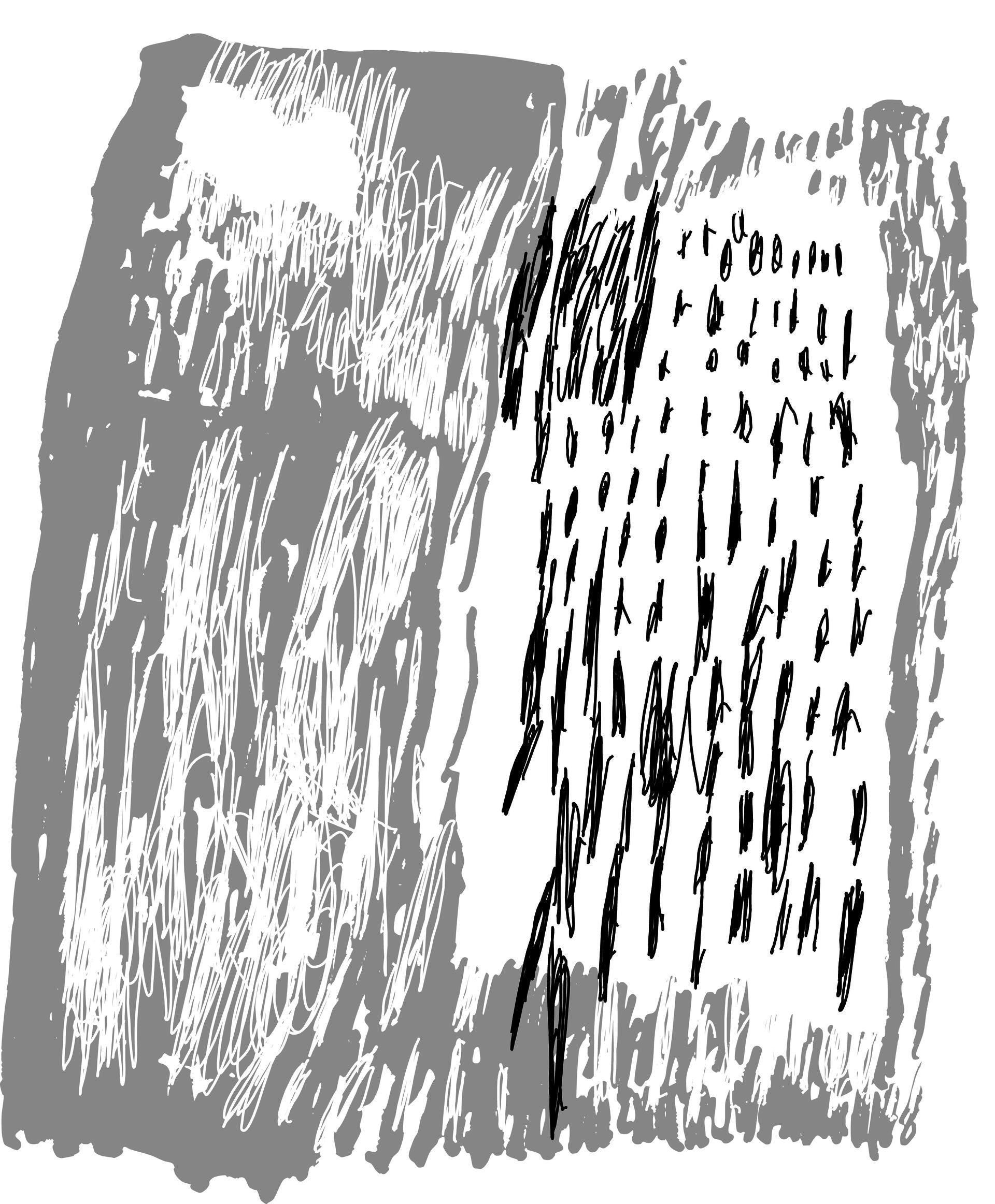 Light grey irregularly shaped square with white and black vertical scribbles within