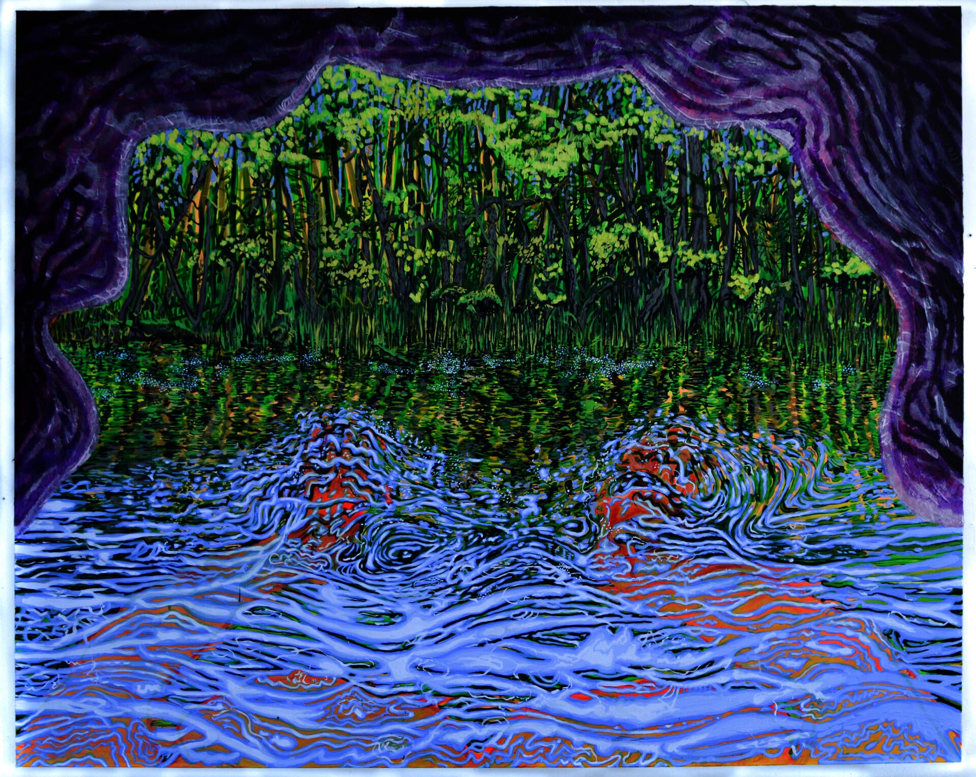 A painting of a first person perspective swimming in water