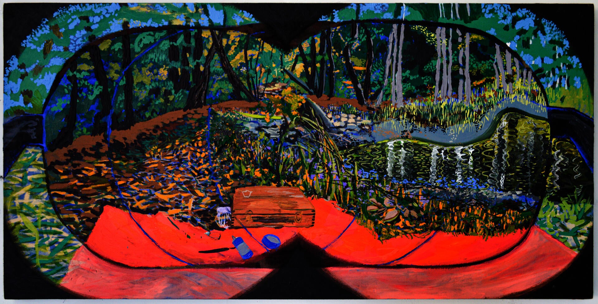 A painting looking through prescription sunglasses to a pond