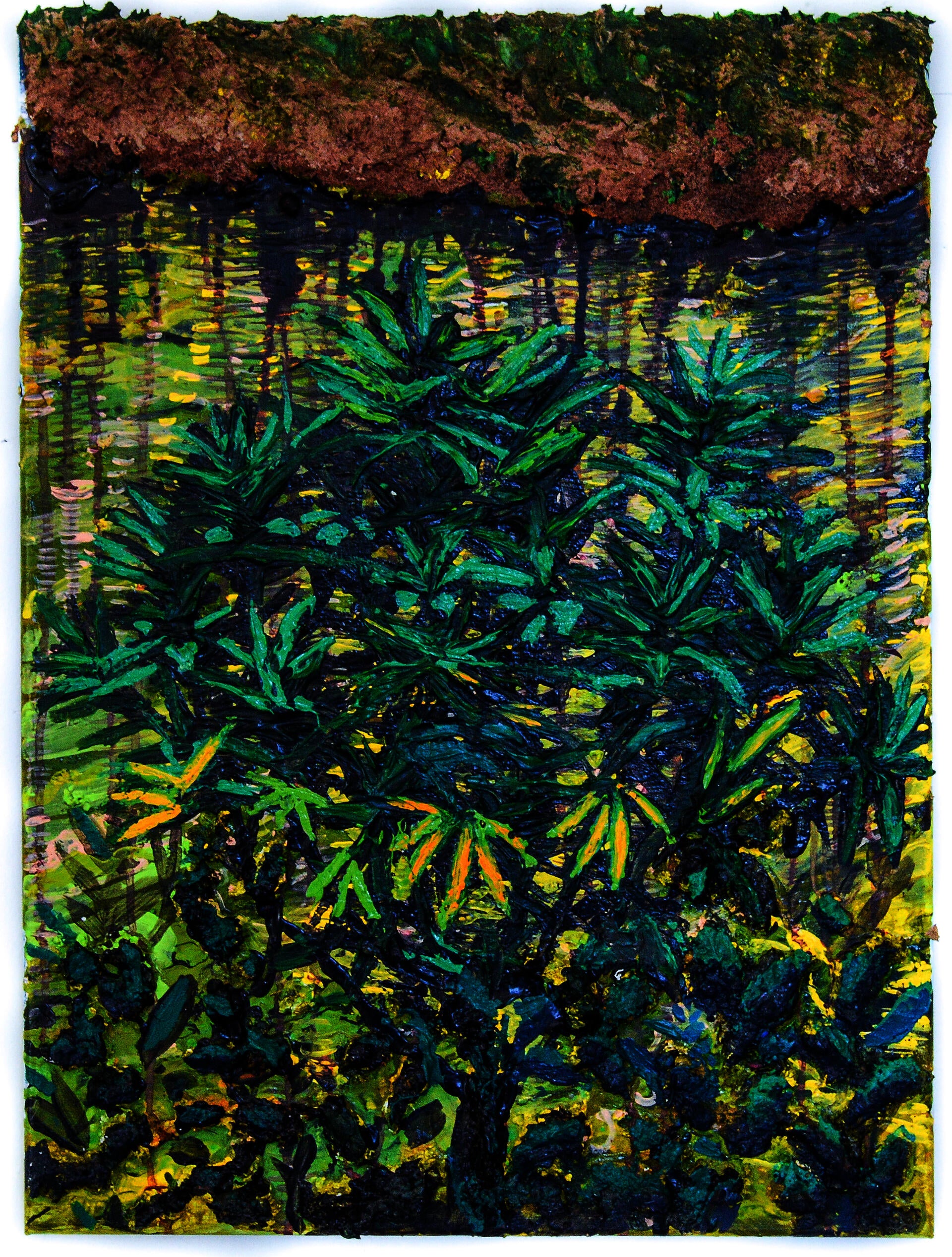 A painting of a cannabis plant in front of a body of water