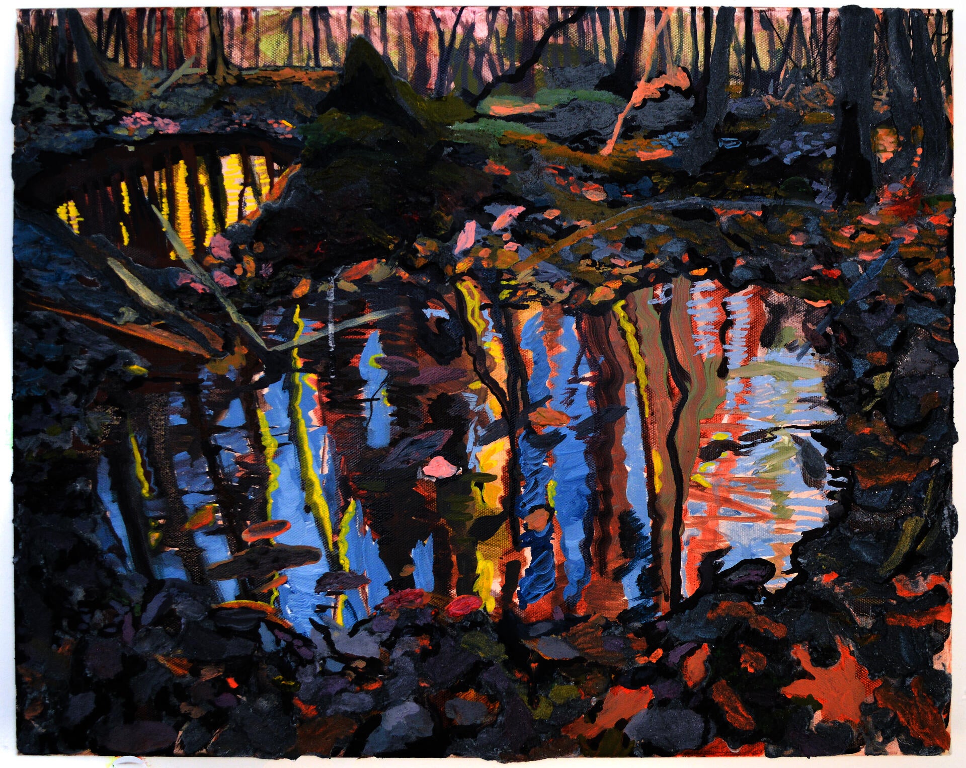 A painting of a puddle near a pond