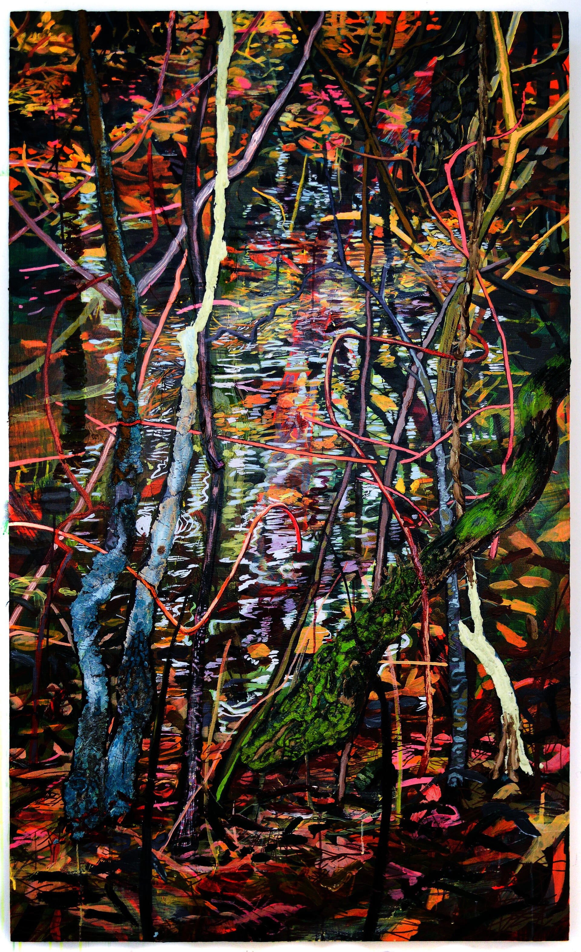 A painting of wetlands and foliage in the fall