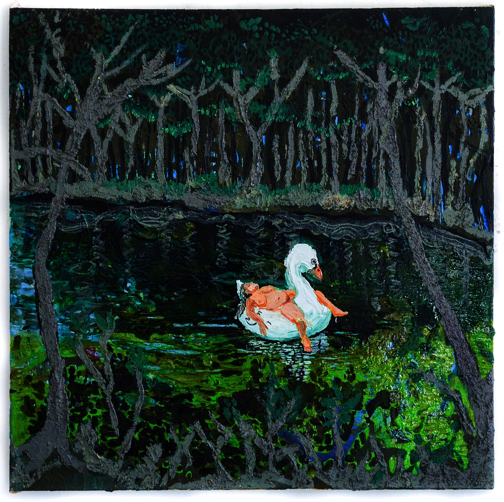 A painting of a woman floating on an inflatable swan in a pond