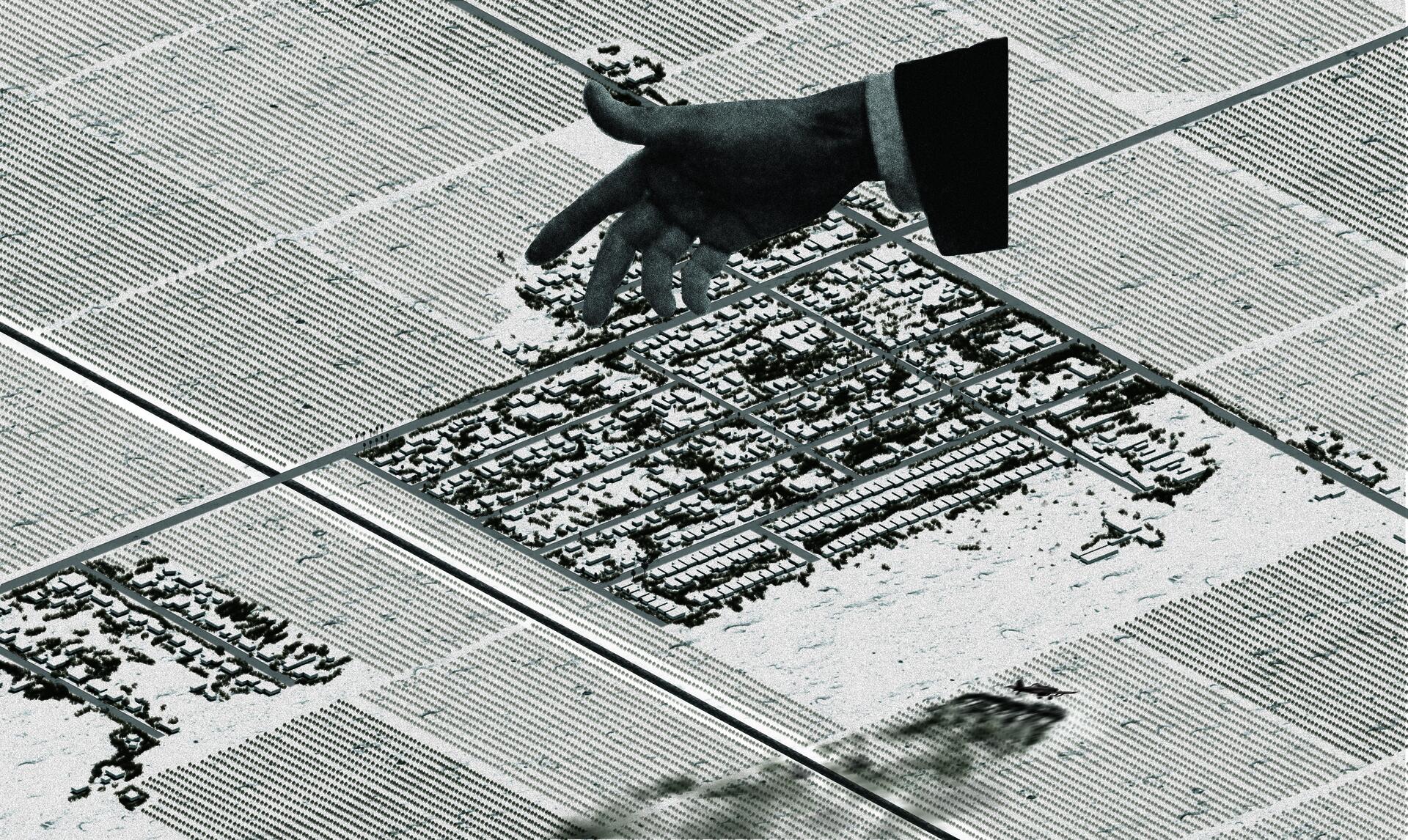 An axonometric drawing conveying the original condition of an unincorporated community. The town is rendered in black and white, surrounded by pistachio orchards, and the floating hand of Le Corbusier.