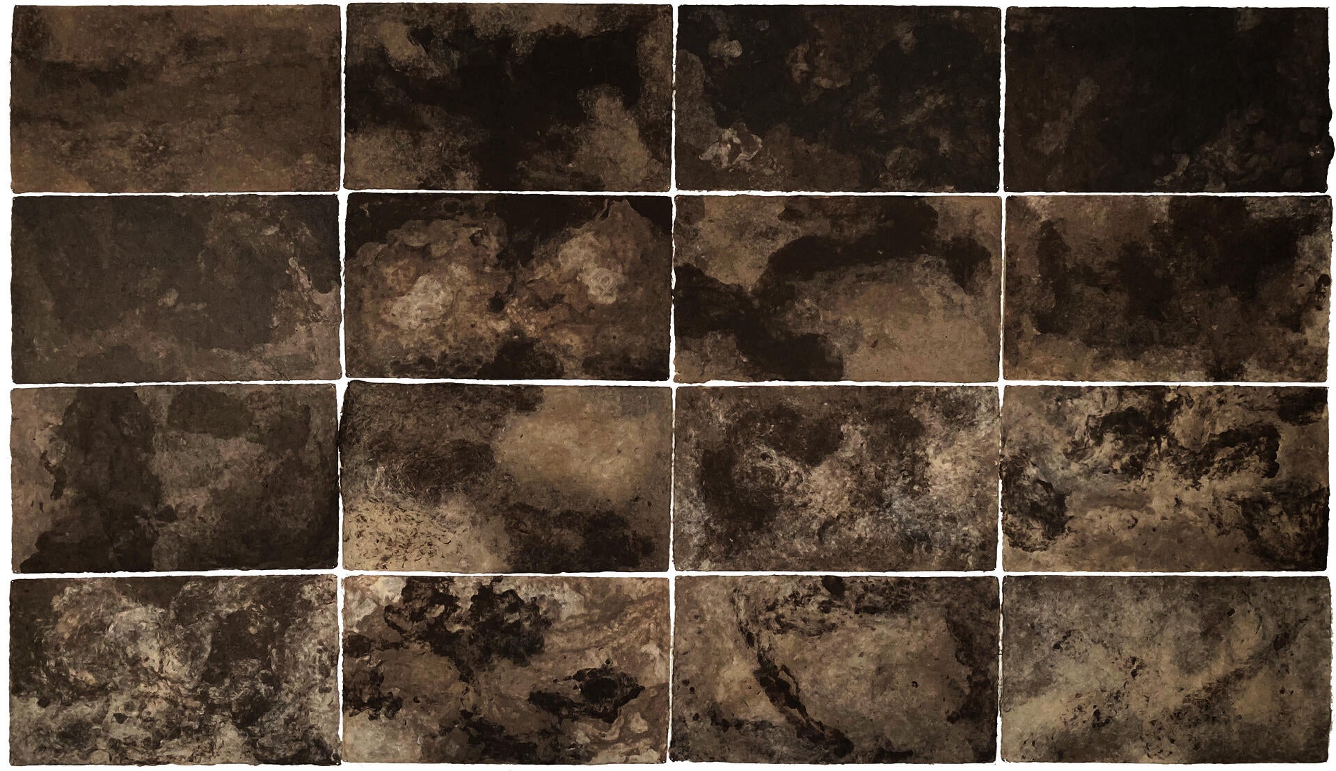 grid of 16 works on handmade paper