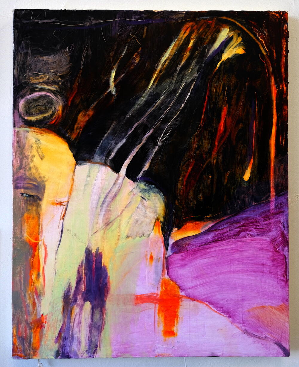 Photo of a painting in which one figure holds another, maybe lying down, and the space dances with underpainting glow.