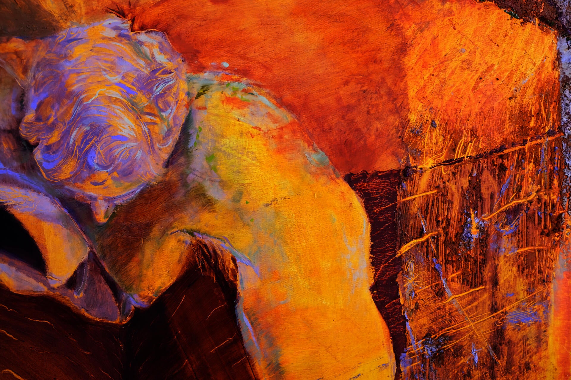 Photo of a detail of a yellow and purple painting. You can see the aerial view of a figure with muscular arms standing on an edge and varying textures.