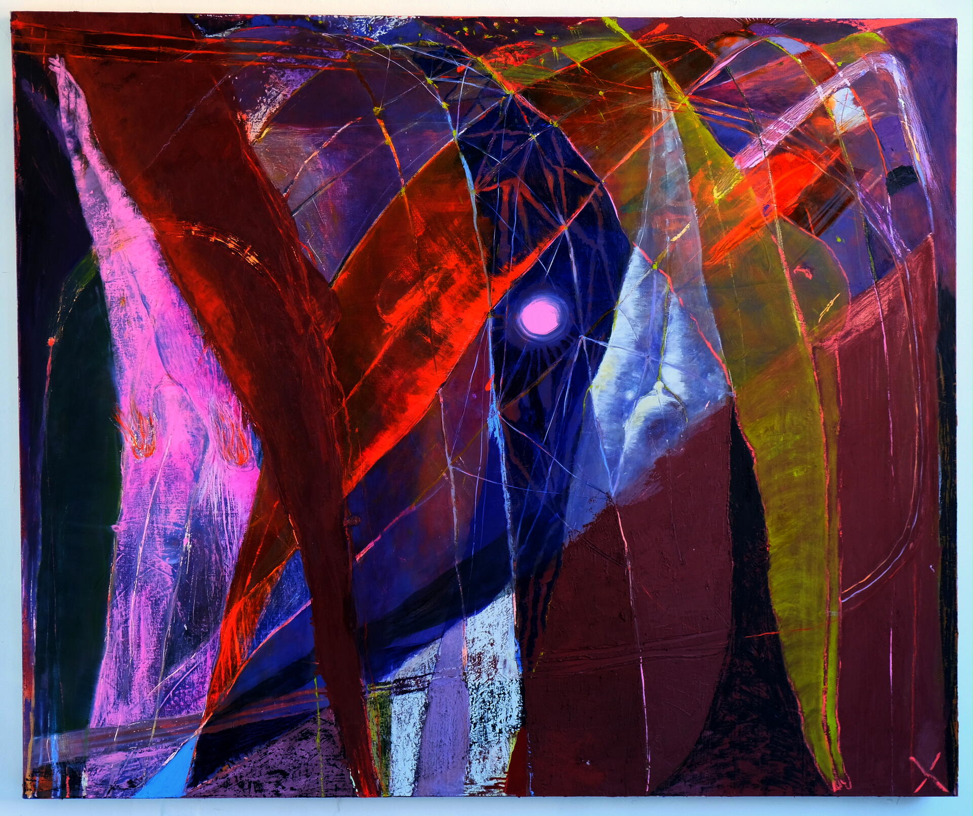Photo of a crusty oil painting in iridescent purple, pink, lime green, earth red, and orange. Abstracted bodies dive through a net of loops as if underwater.