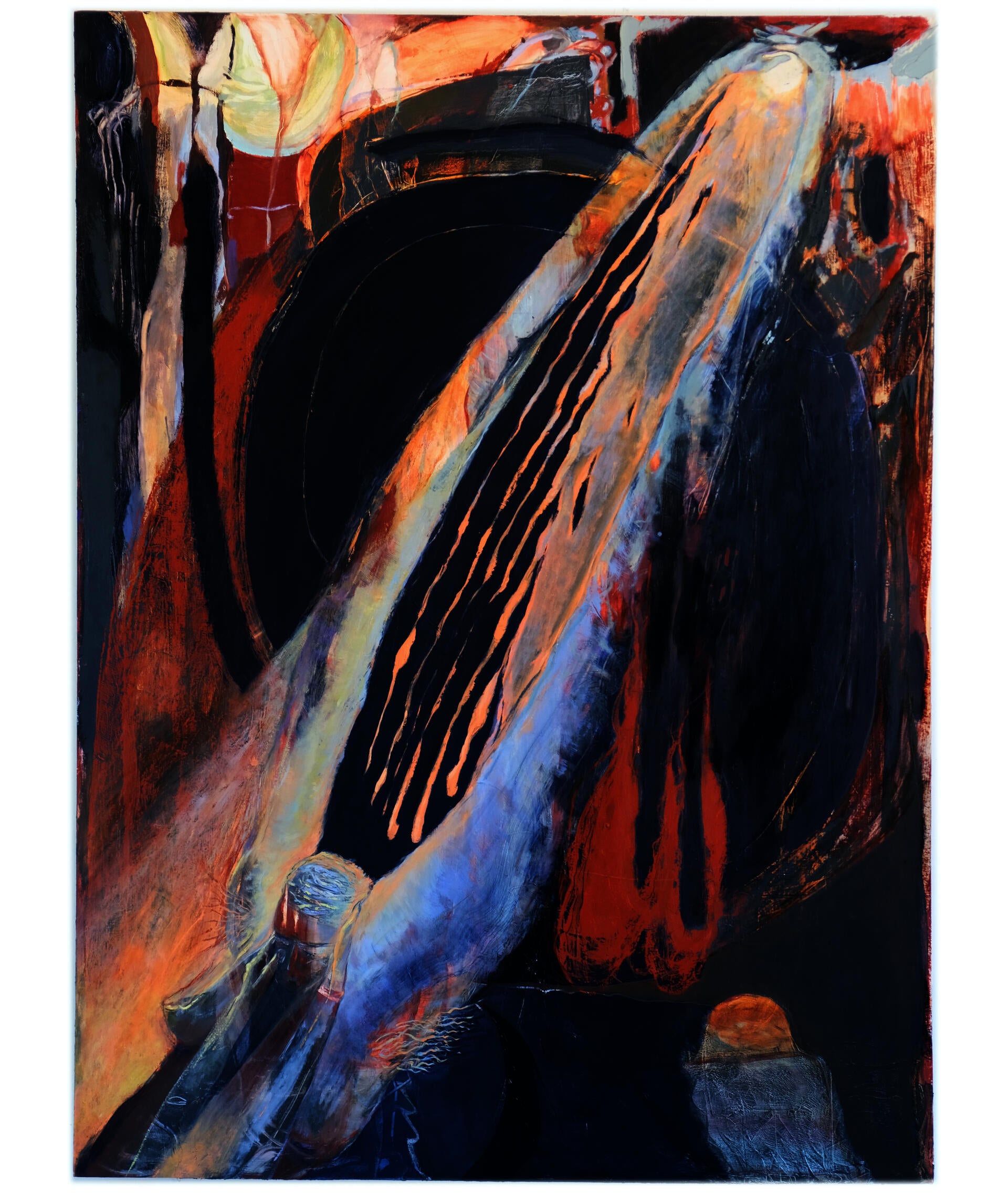 Photo of an oil painting in reds, blues, and blacks. The top half of a figure in the bottom right with long arms stretches diagonally across the the painting to cup a small moon; hand grasp the figure's face.