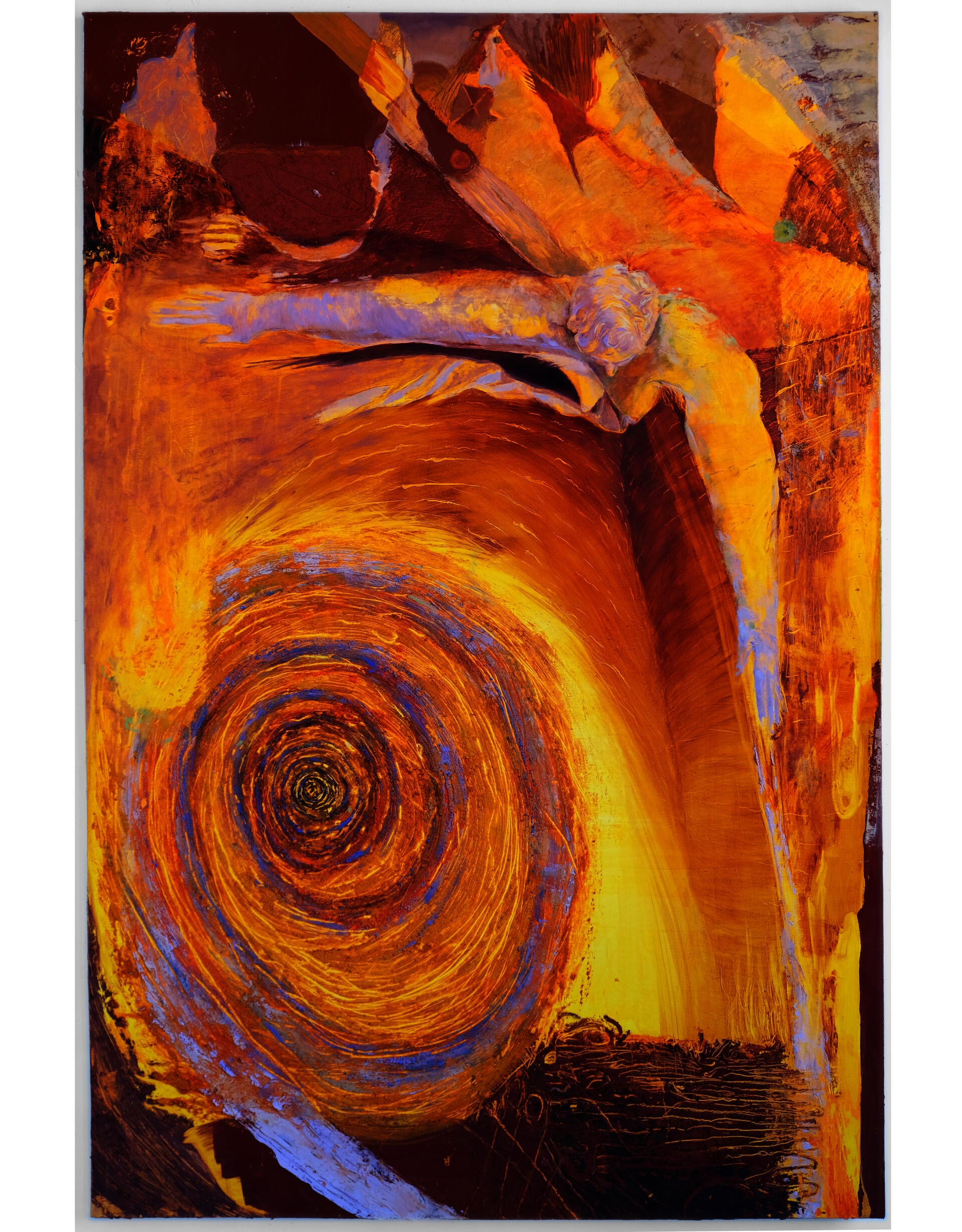 Photo of an oil painting in yellows, browns, and lavenders. There's an aerial view of a figure with outstretched arms and a large, crusty spiral.