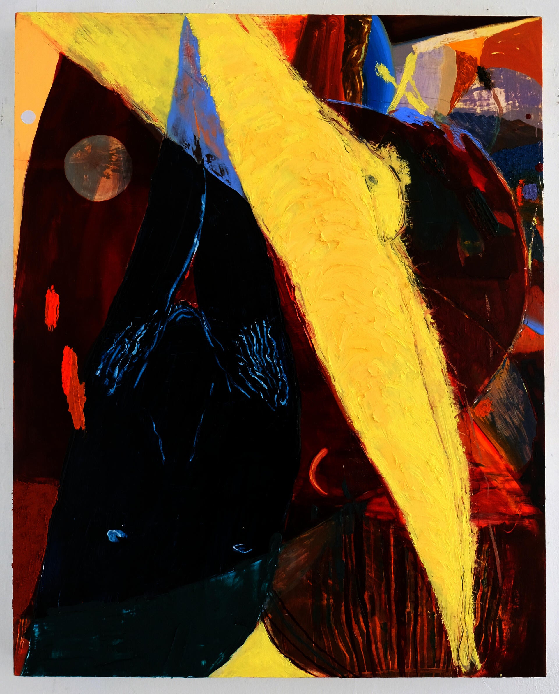 Photo of an oil painting in desert warms and cools. Two abstracted diver forms slice through the picture plane; one has armpit hair. There are many moons and many surfaces.