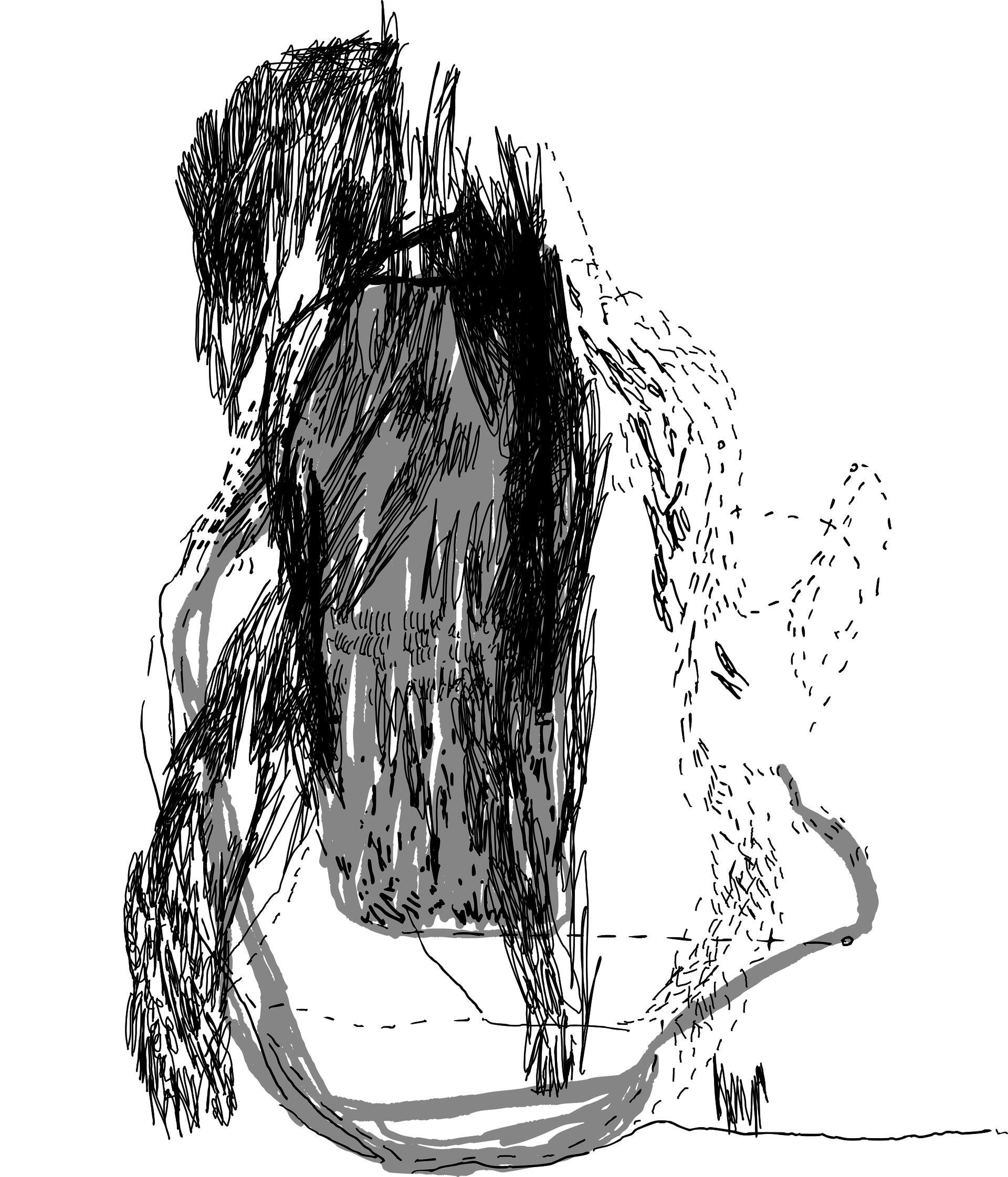 Black line drawing of vigorous scribbles and dotted lines intersecting, like a map, over thicker light grey line and solid block