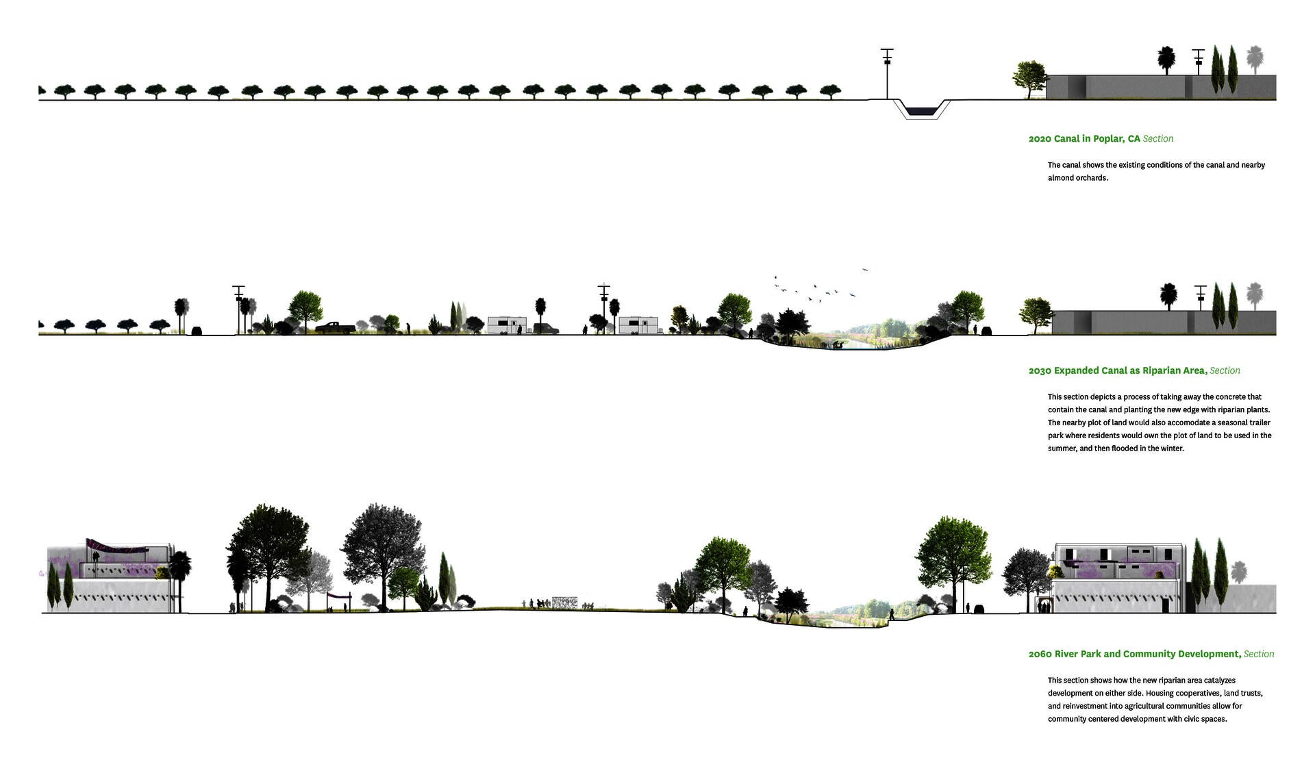 Consecutive sections showing the process of an expansion of canal and redevelopment based on the co-op model.